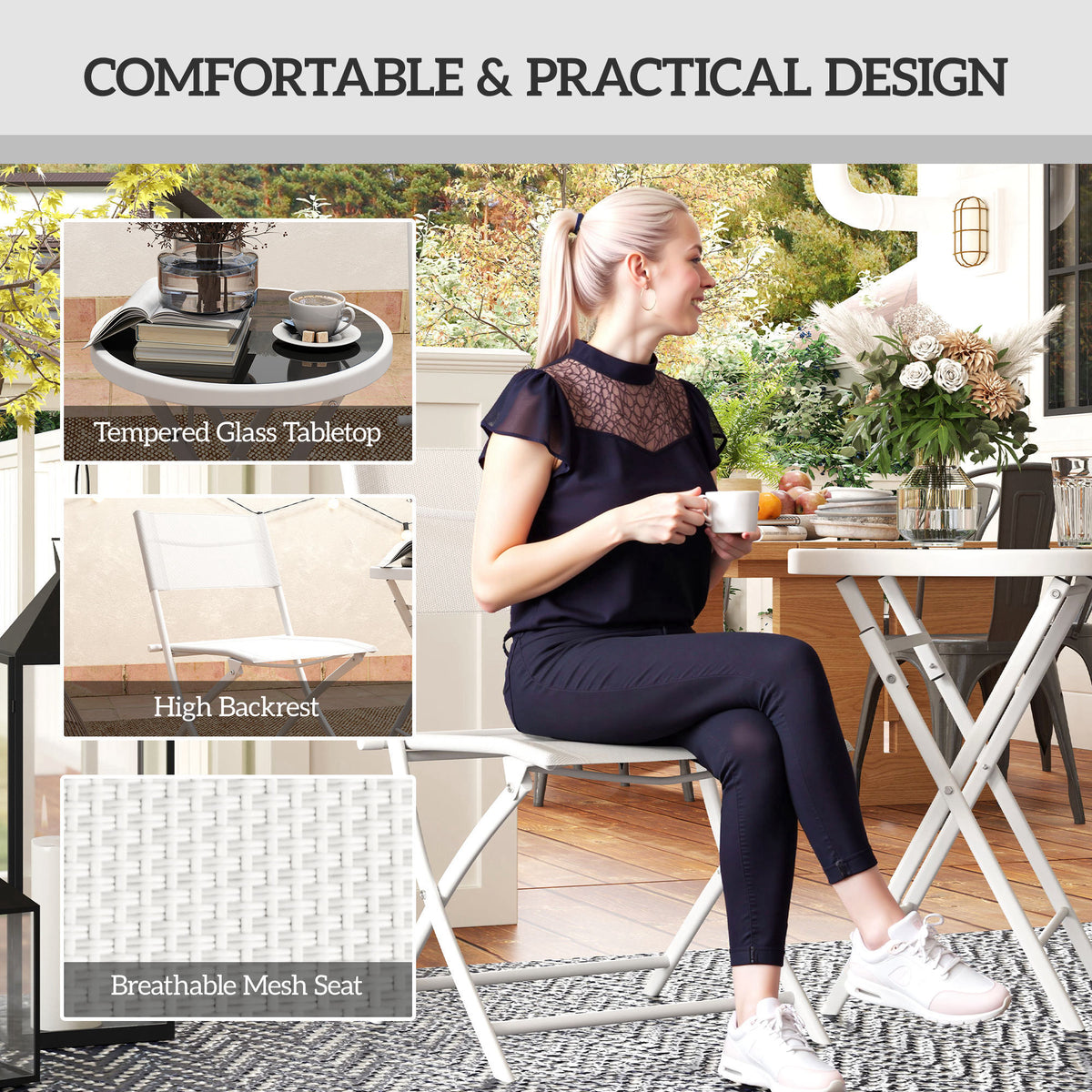 Outsunny 3-Piece Outdoor Bistro Set with Tempered Glass Table & Foldable Mesh Chairs – Space-Saving Patio Set, White