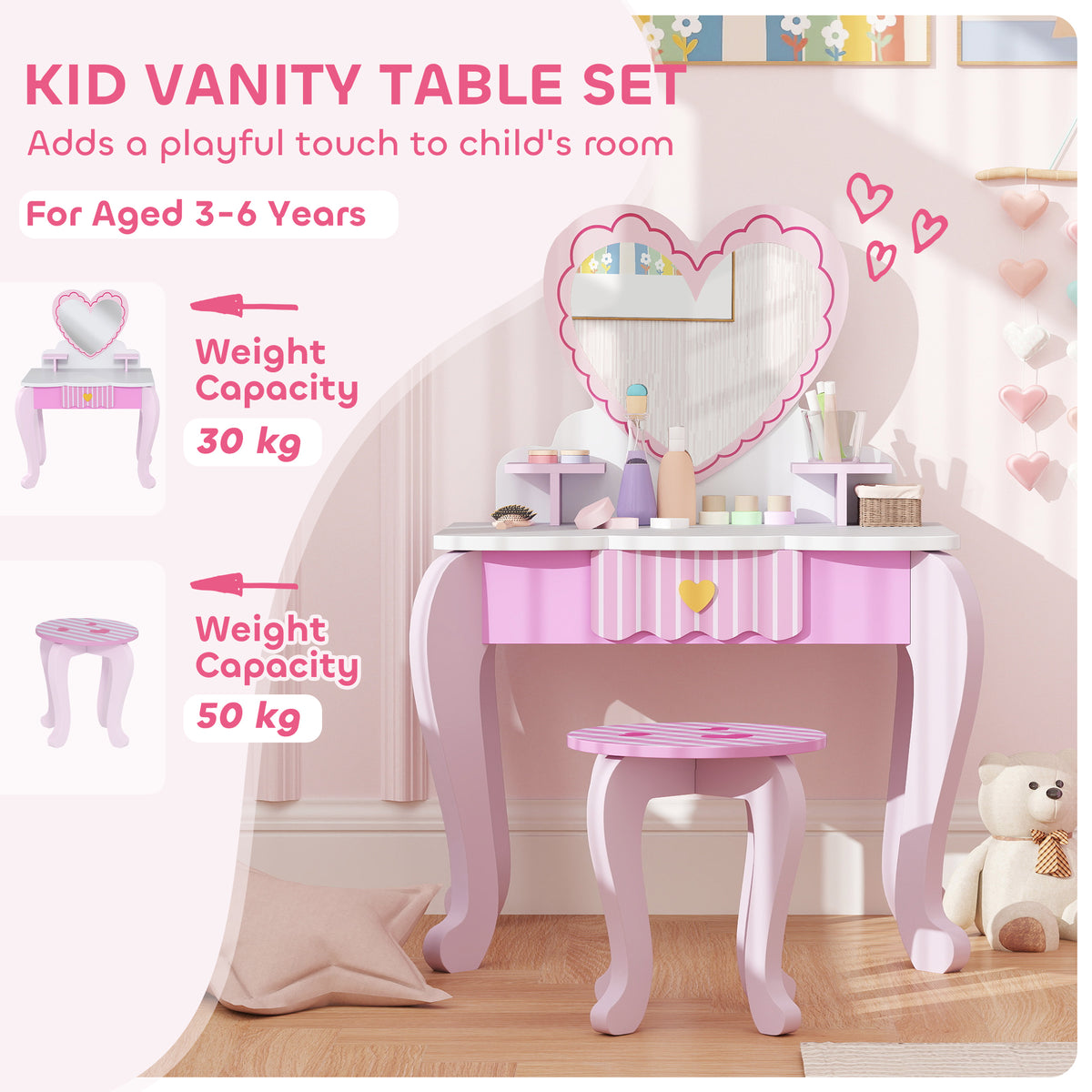 AIYAPLAY Kids Dressing Table Set with Stool, Heart Design and Acrylic Mirror – Ages 3-6, Pink
