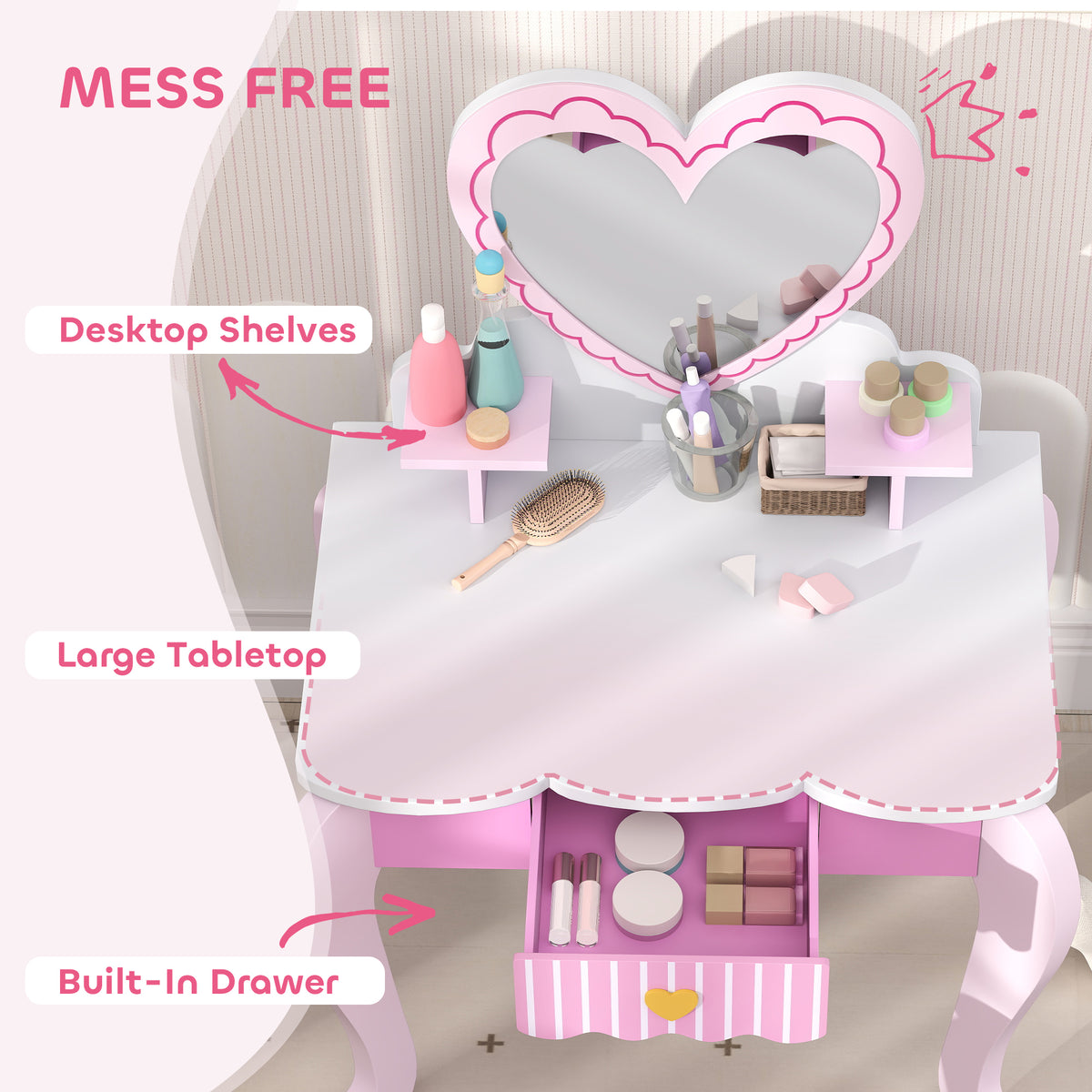 AIYAPLAY Kids Dressing Table Set with Stool, Heart Design and Acrylic Mirror – Ages 3-6, Pink