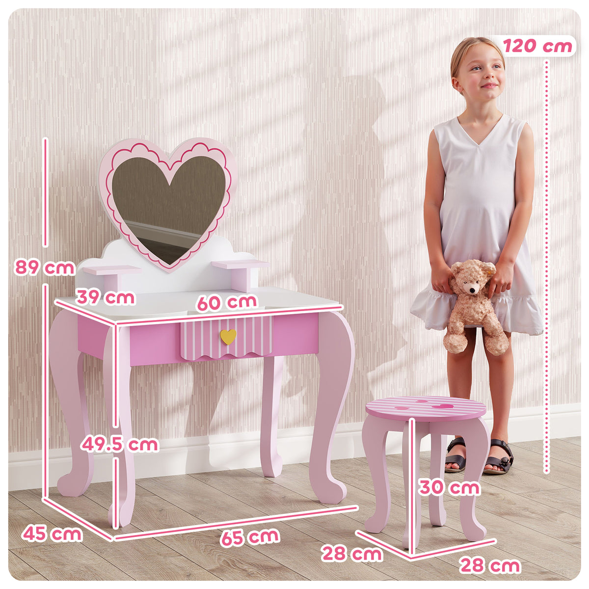 AIYAPLAY Kids Dressing Table Set with Stool, Heart Design and Acrylic Mirror – Ages 3-6, Pink