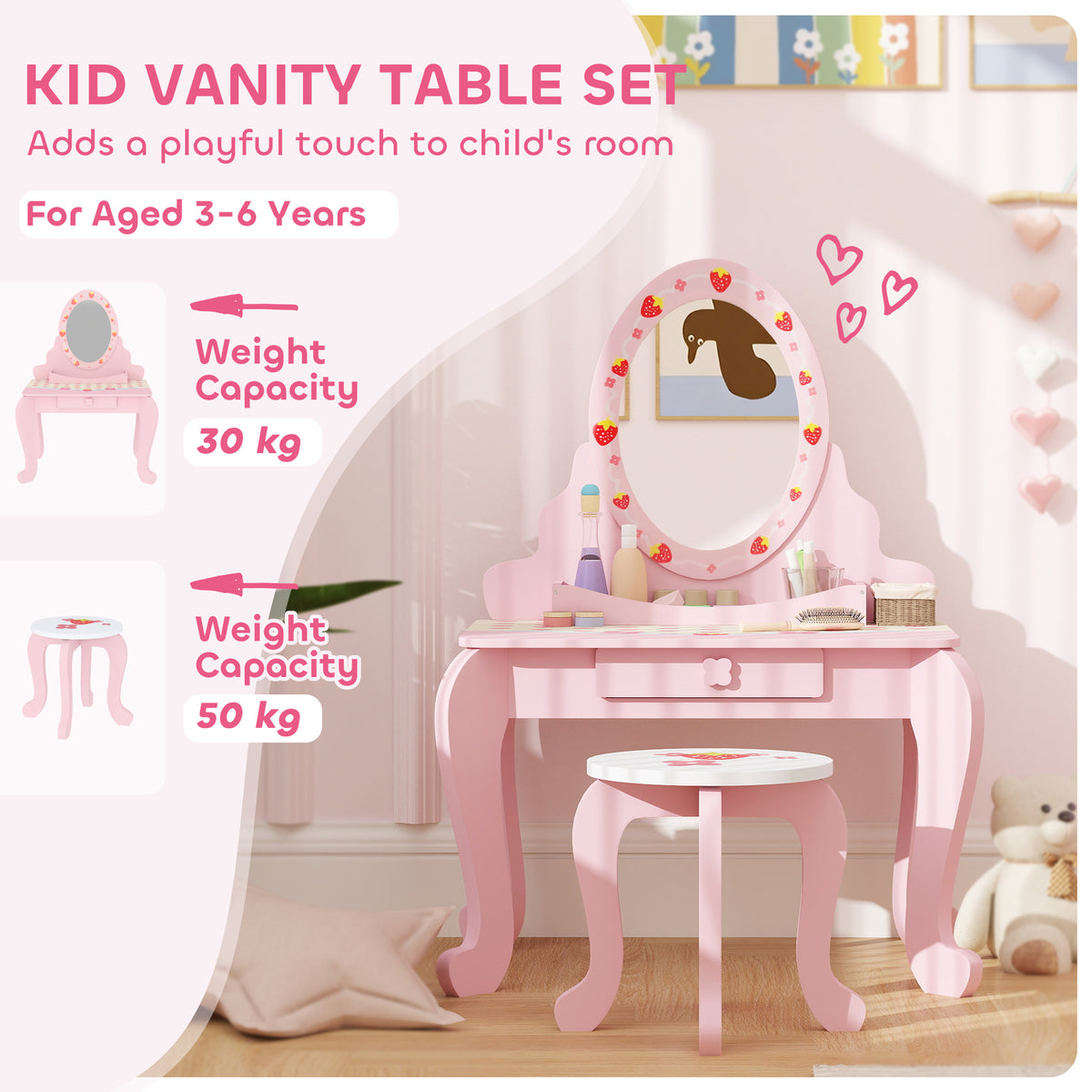 AIYAPLAY Kids Dressing Table Set with Stool, Strawberry Print and Acrylic Mirror – Ages 3-6, Pink and White