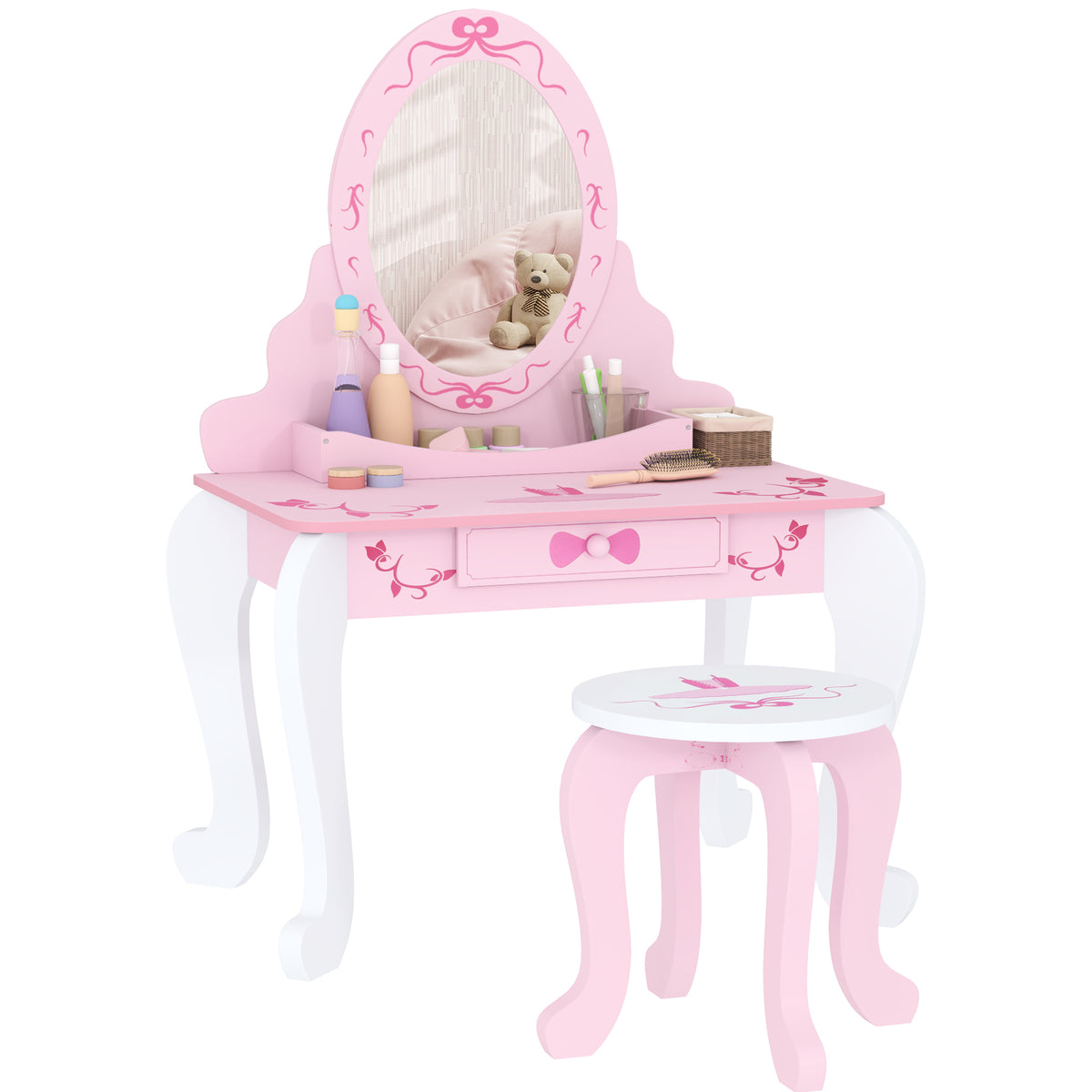 AIYAPLAY Kids Ballet Print Vanity Set with Mirror, Drawer and Stool – 2-Piece Children's Dressing Table for Ages 3–6