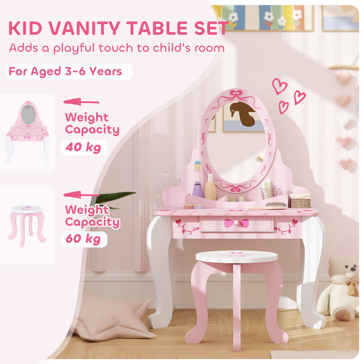 AIYAPLAY Kids Ballet Print Vanity Set with Mirror, Drawer and Stool – 2-Piece Children's Dressing Table for Ages 3–6