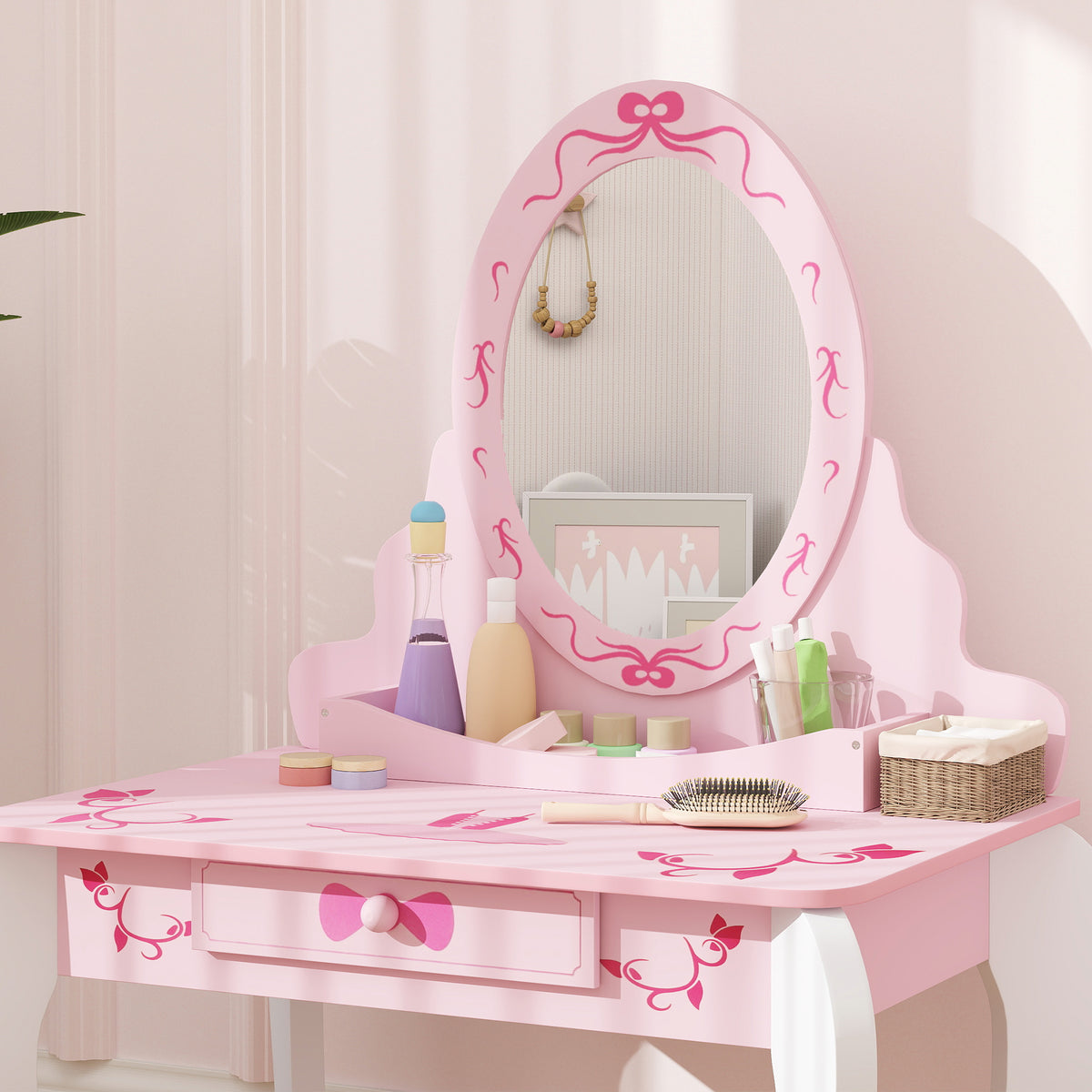AIYAPLAY Kids Ballet Print Vanity Set with Mirror, Drawer and Stool – 2-Piece Children's Dressing Table for Ages 3–6