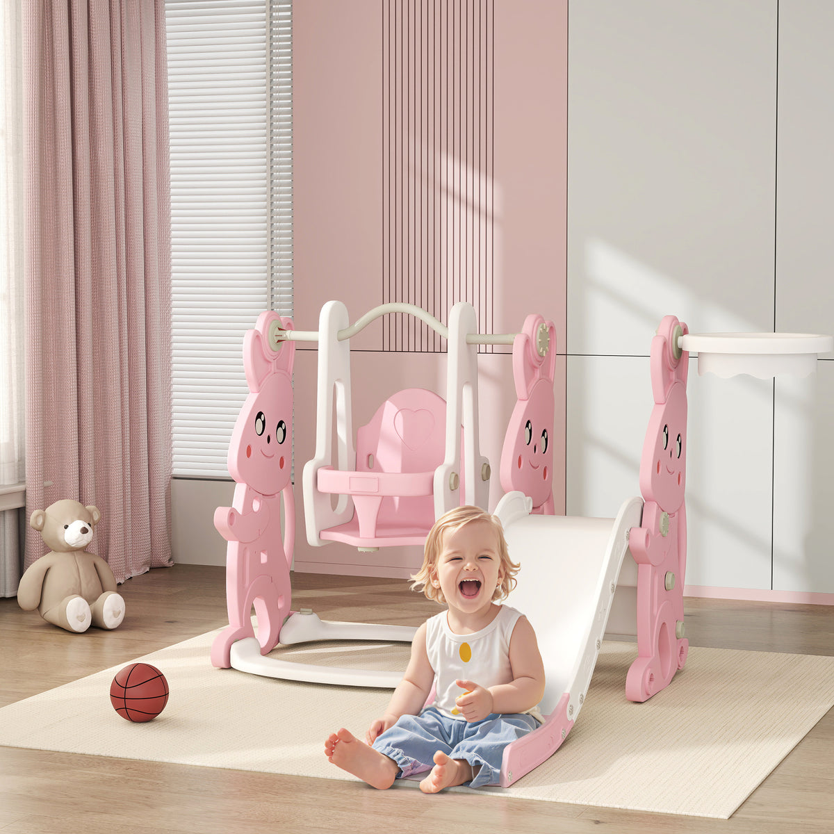 AIYAPLAY Rabbit-Themed Kids Playground Set with Slide, Swing, Climber & Basketball Hoop – Pink