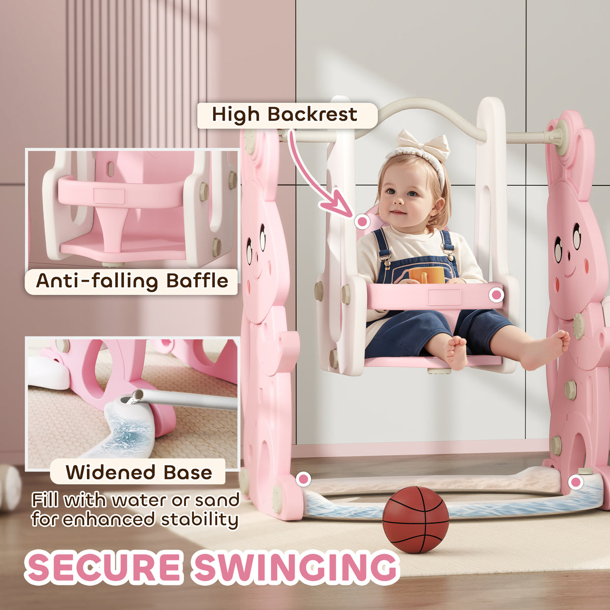 AIYAPLAY Rabbit-Themed Kids Playground Set with Slide, Swing, Climber & Basketball Hoop – Pink