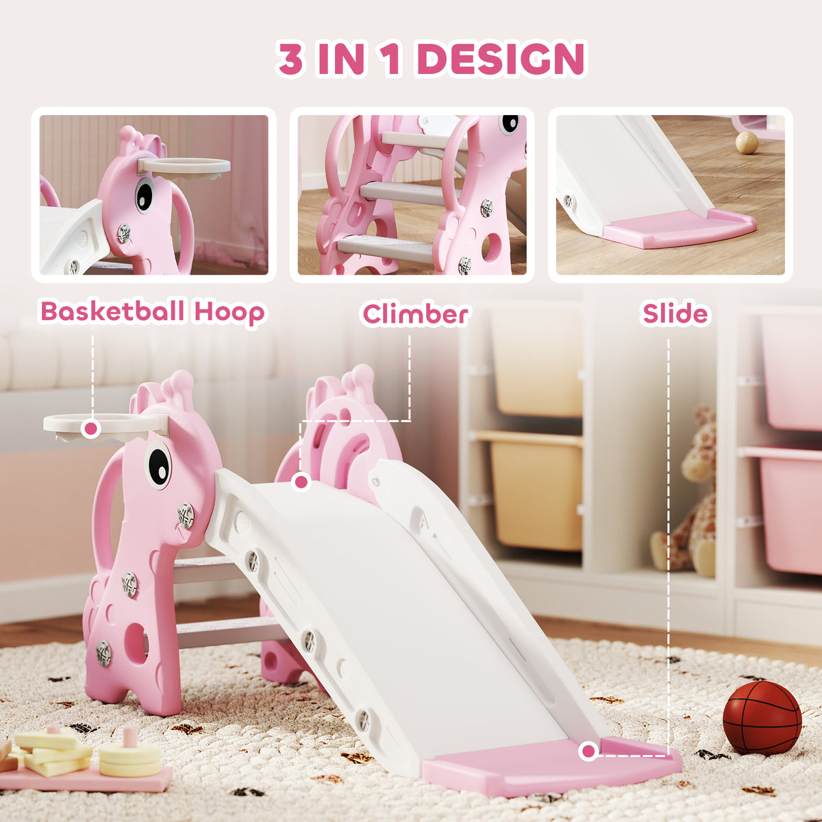 AIYAPLAY 3 in 1 Kids Slide with Climber, Basketball Hoop & Ball – Giraffe Design Toddler Play Set for Ages 1-3, Pink