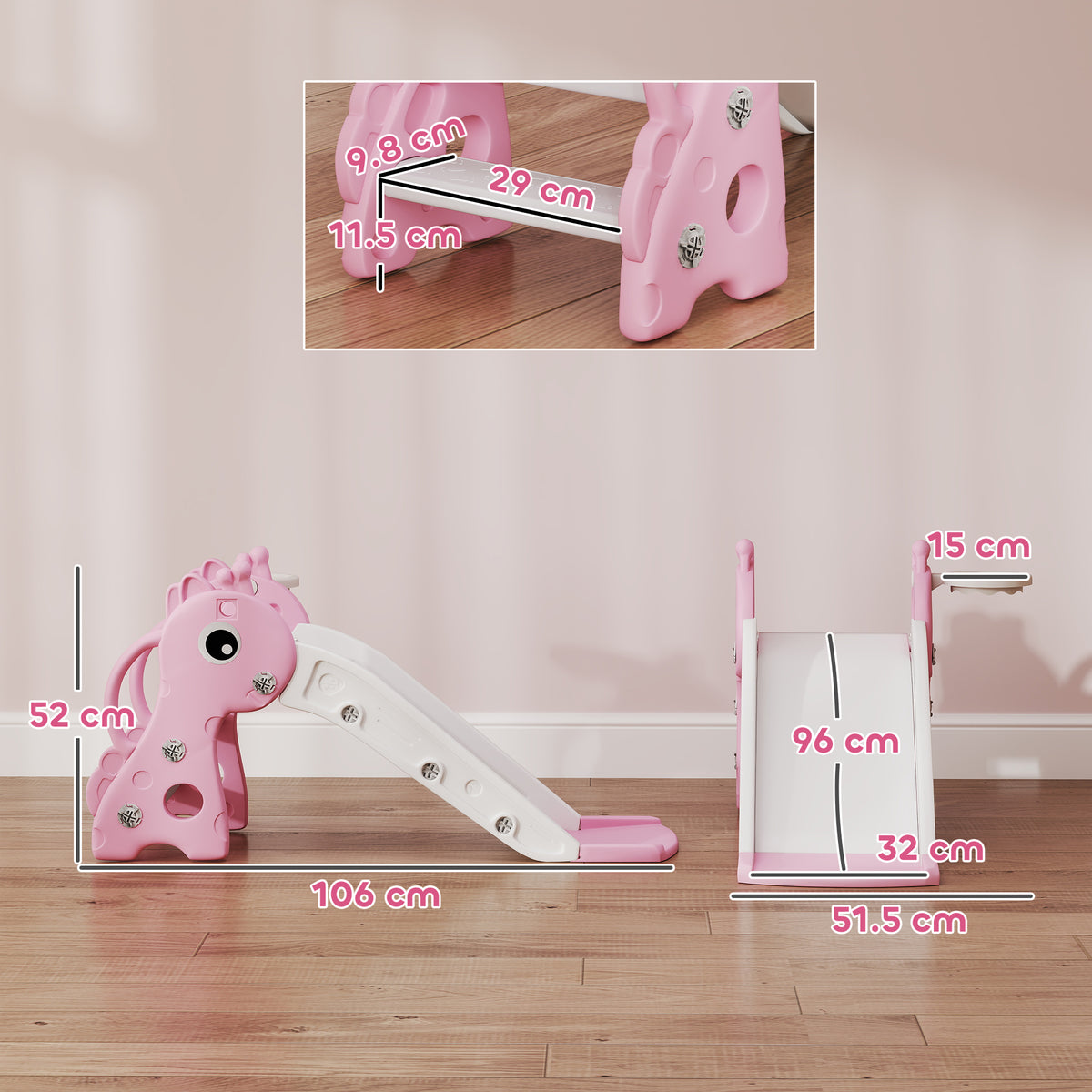 AIYAPLAY 3 in 1 Kids Slide with Climber, Basketball Hoop & Ball – Giraffe Design Toddler Play Set for Ages 1-3, Pink