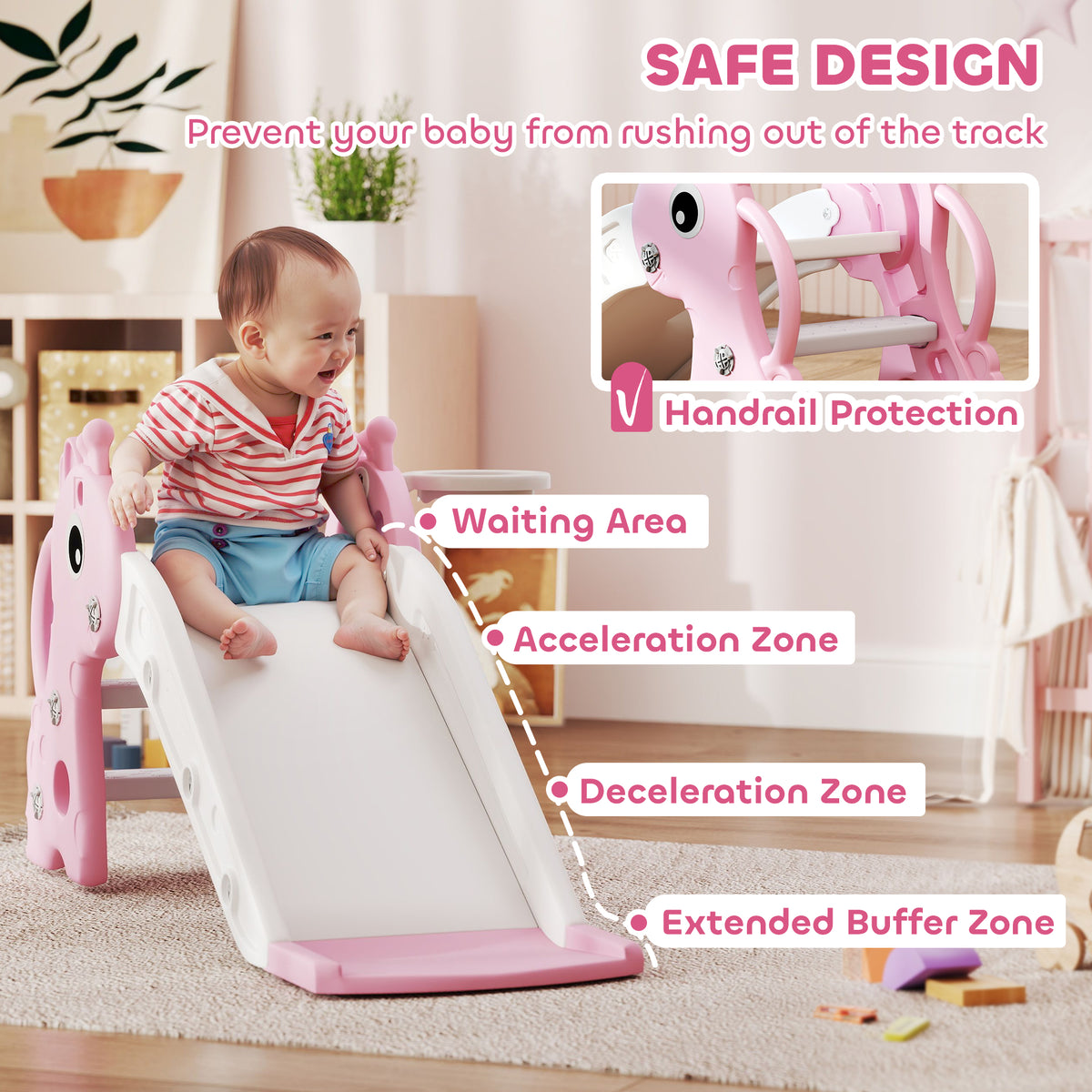 AIYAPLAY 3 in 1 Kids Slide with Climber, Basketball Hoop & Ball – Giraffe Design Toddler Play Set for Ages 1-3, Pink
