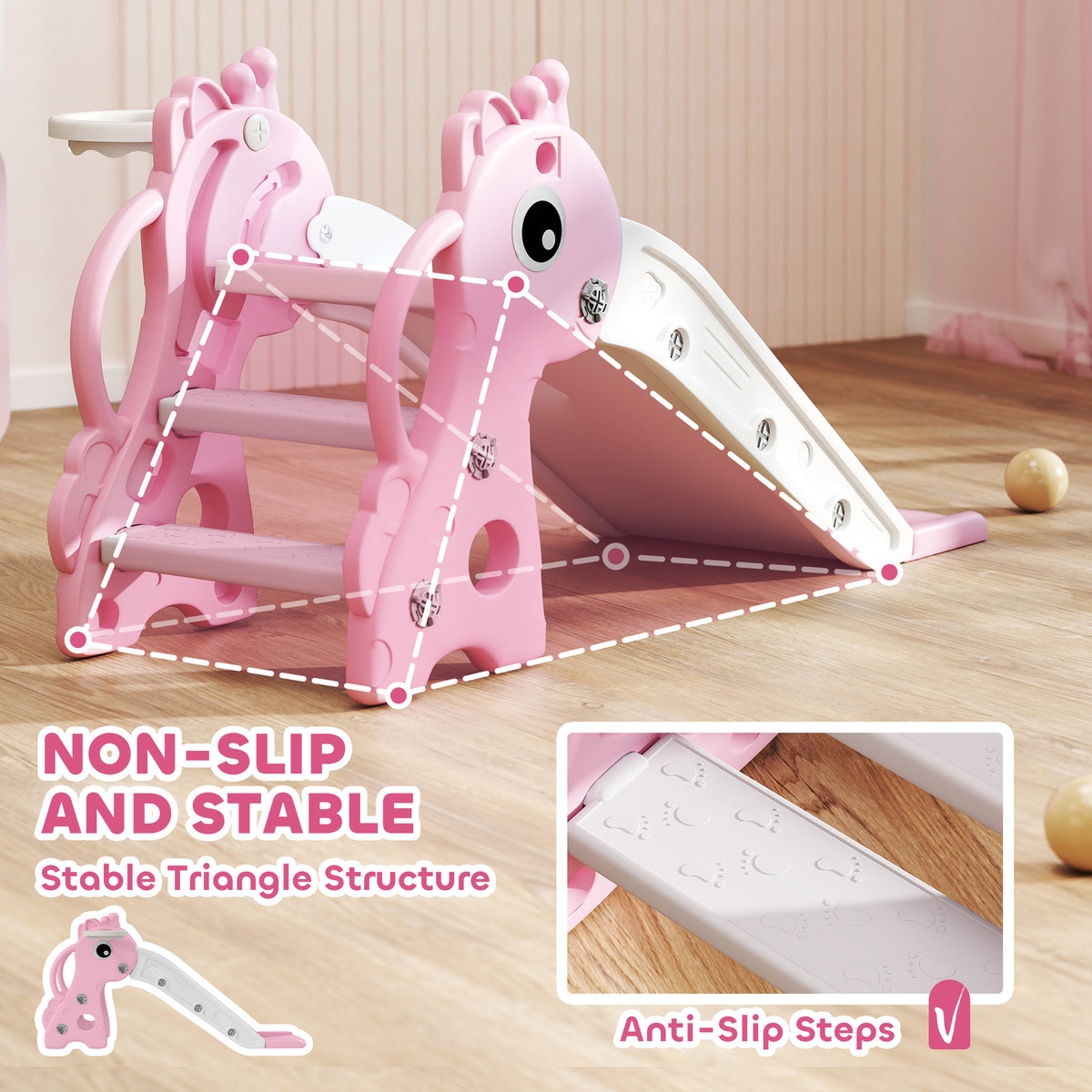 AIYAPLAY 3 in 1 Kids Slide with Climber, Basketball Hoop & Ball – Giraffe Design Toddler Play Set for Ages 1-3, Pink