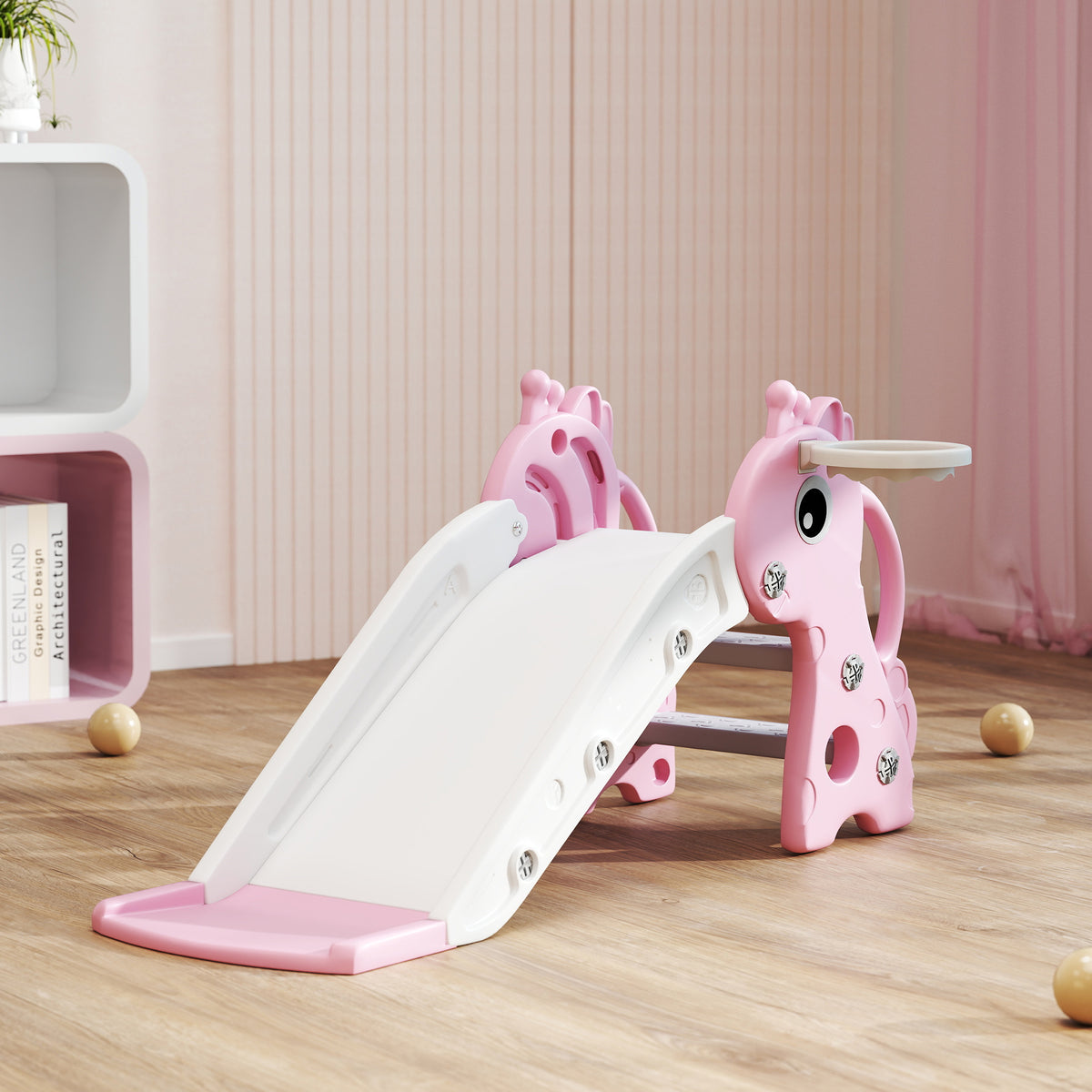 AIYAPLAY 3 in 1 Kids Slide with Climber, Basketball Hoop & Ball – Giraffe Design Toddler Play Set for Ages 1-3, Pink