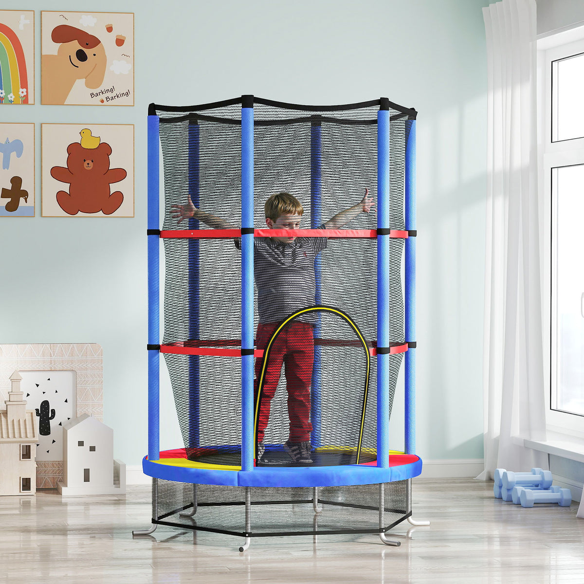 HOMCOM Kids Mini Trampoline with Safety Enclosure Net and Bungee Cords – Indoor Outdoor Bouncer for Ages 3-6