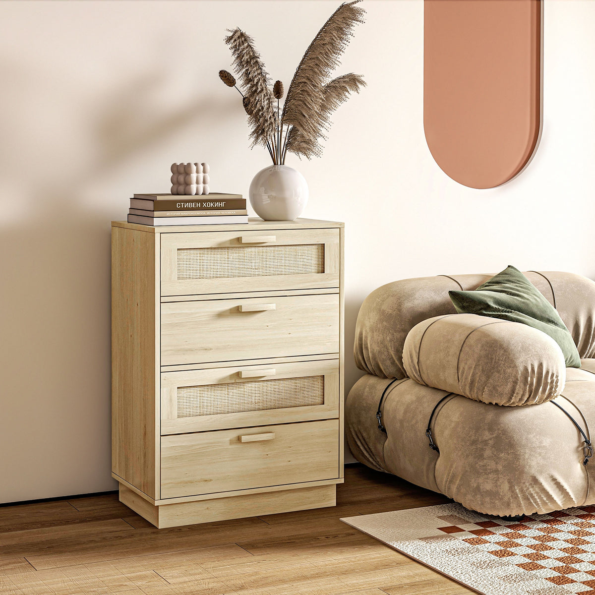 HOMCOM Boho Rattan 4 Drawer Dresser – Bedroom Chest of Drawers with Wood-Effect Finish, Natural