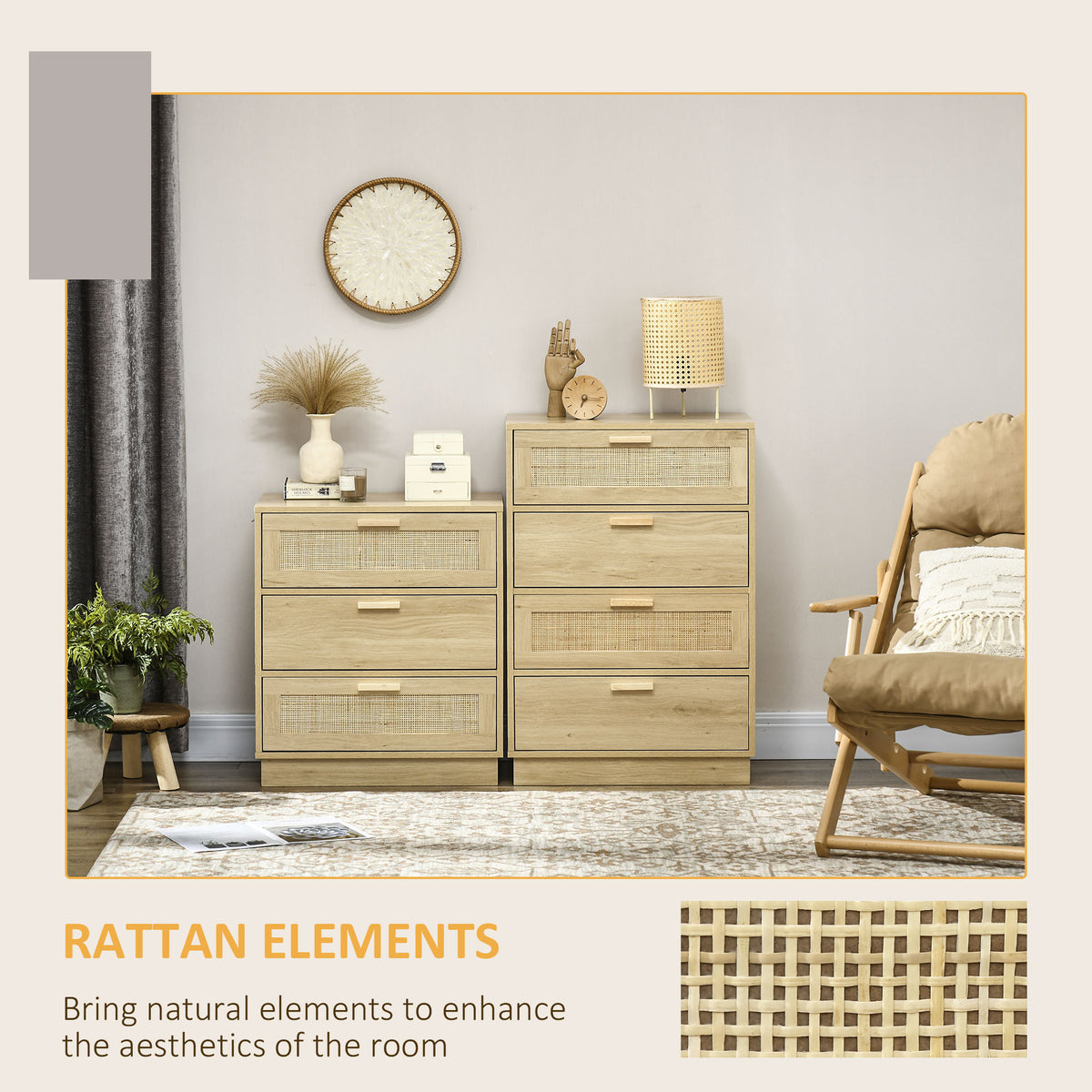 HOMCOM Boho Rattan 4 Drawer Dresser – Bedroom Chest of Drawers with Wood-Effect Finish, Natural