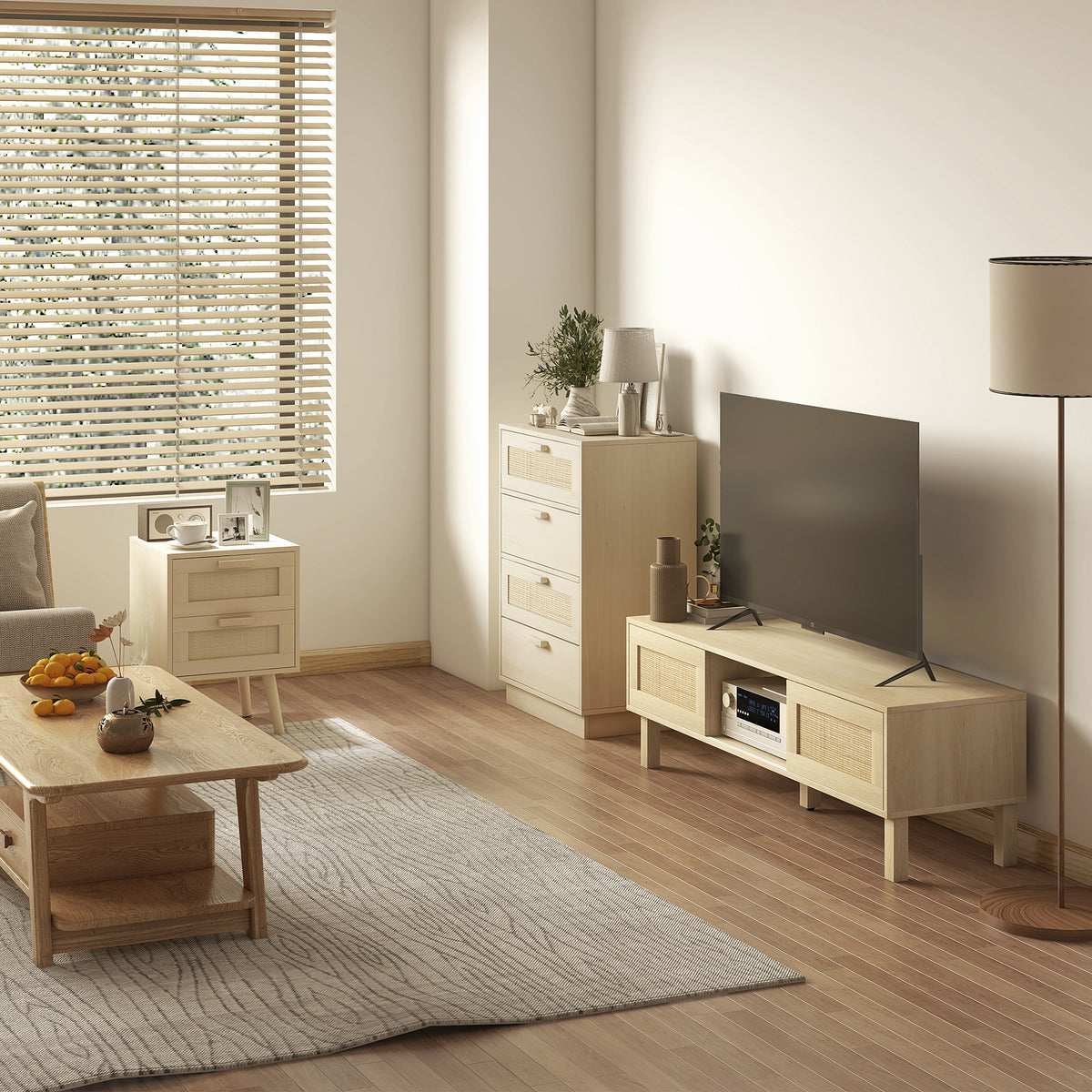 HOMCOM Boho Rattan 4 Drawer Dresser – Bedroom Chest of Drawers with Wood-Effect Finish, Natural
