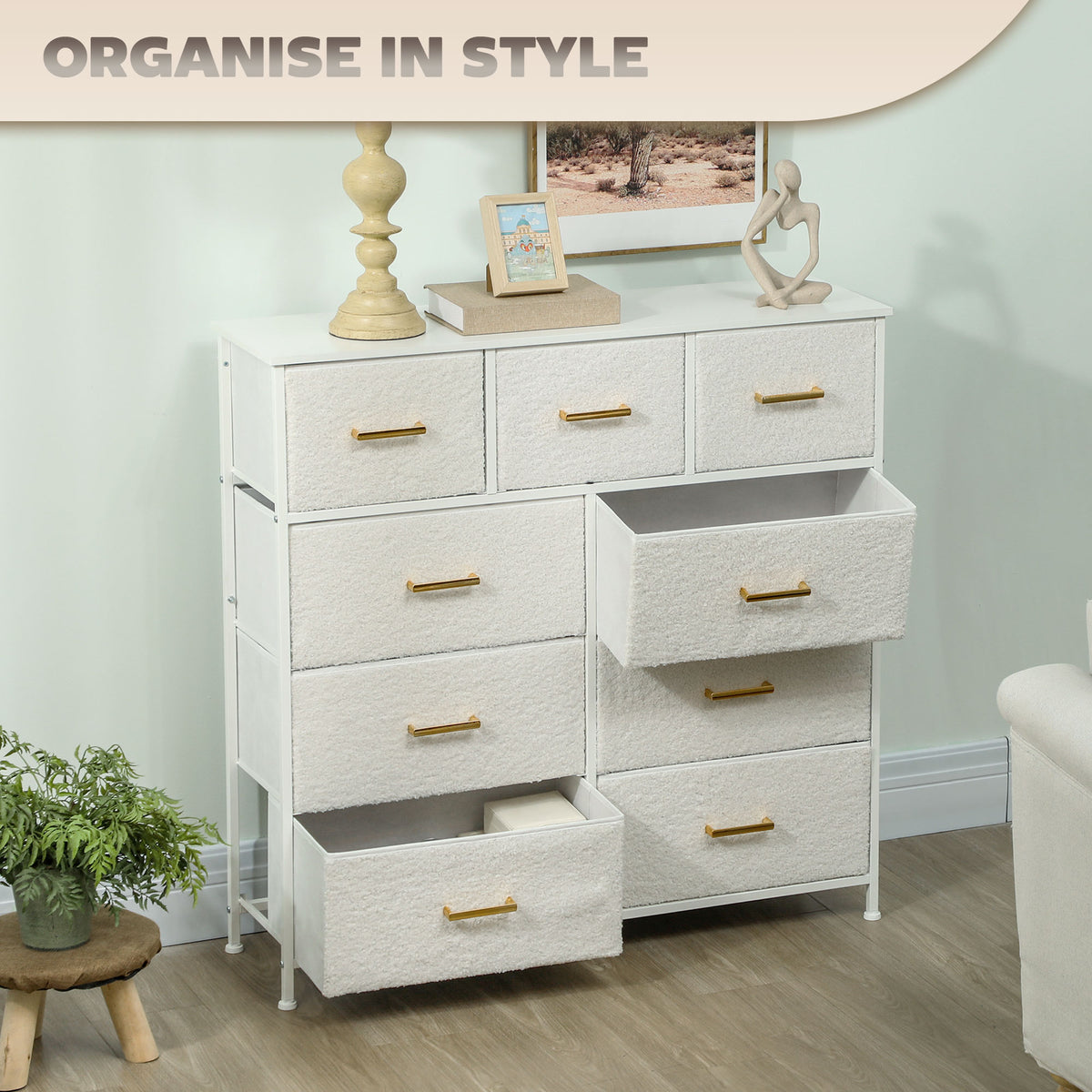 HOMCOM Cream Bouclé 9 Drawer Storage Unit with Steel Frame – Bedroom & Living Room Chest of Drawers