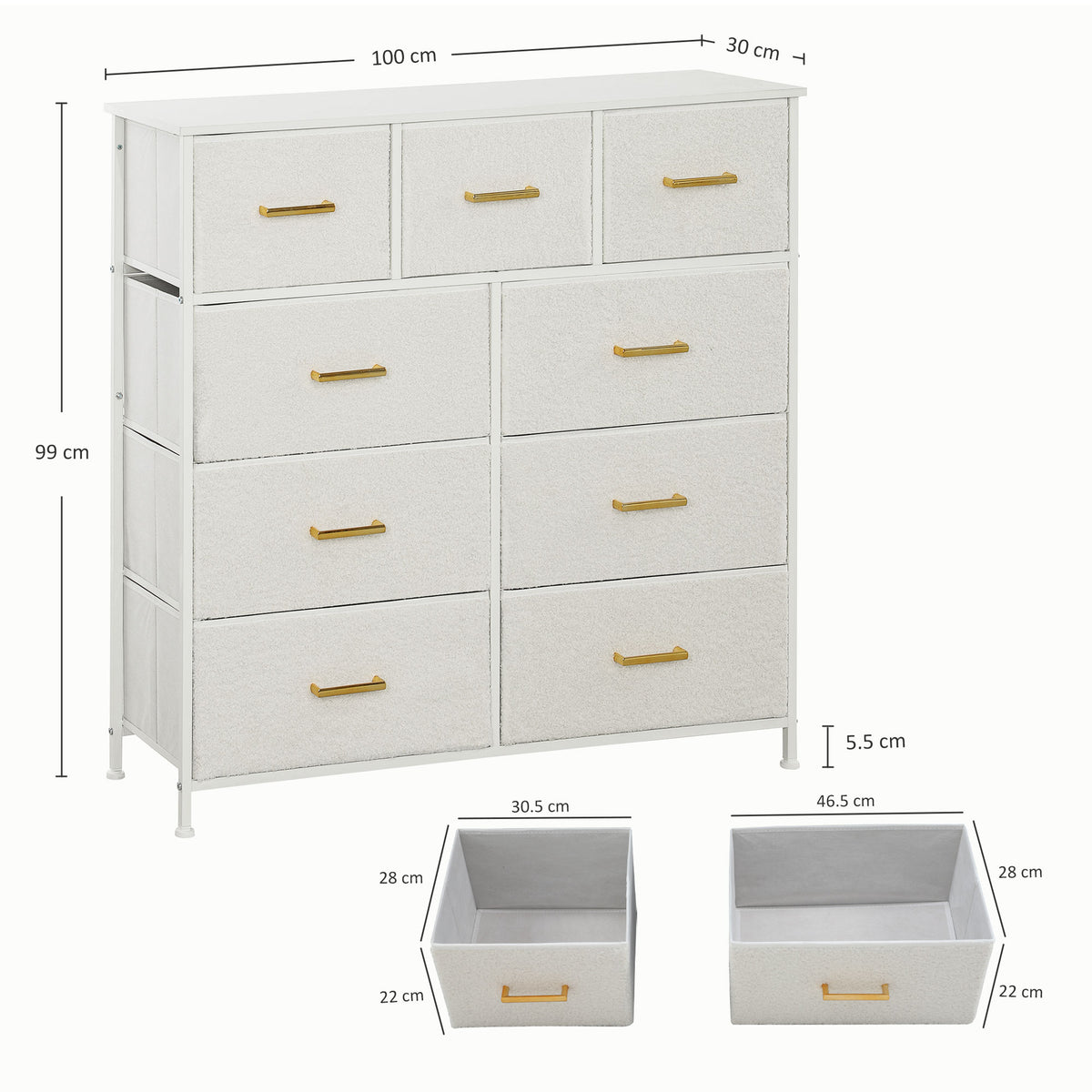 HOMCOM Cream Bouclé 9 Drawer Storage Unit with Steel Frame – Bedroom & Living Room Chest of Drawers