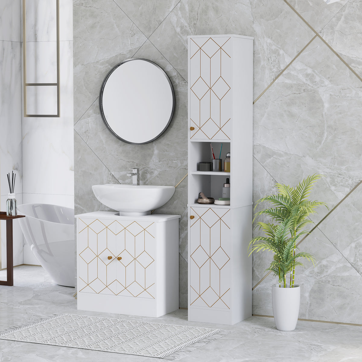 HOMCOM Slim Bathroom Storage Cabinet with Doors, Open Towel Shelf & Gold Accents – Space-Saving Unit, White