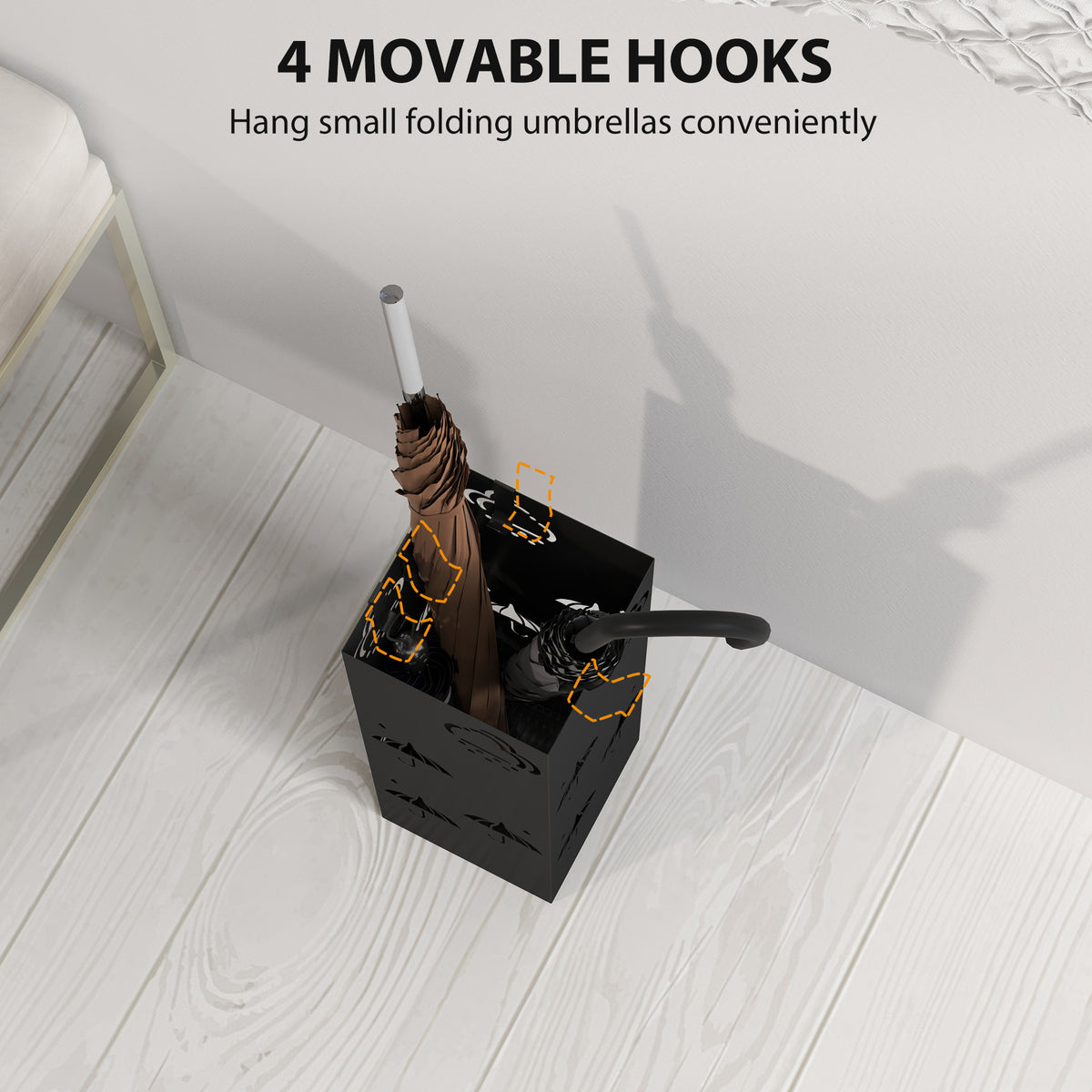 HOMCOM Decorative Umbrella Stand with Removable Drip Tray & 4 Hooks – Hallway Storage, Black