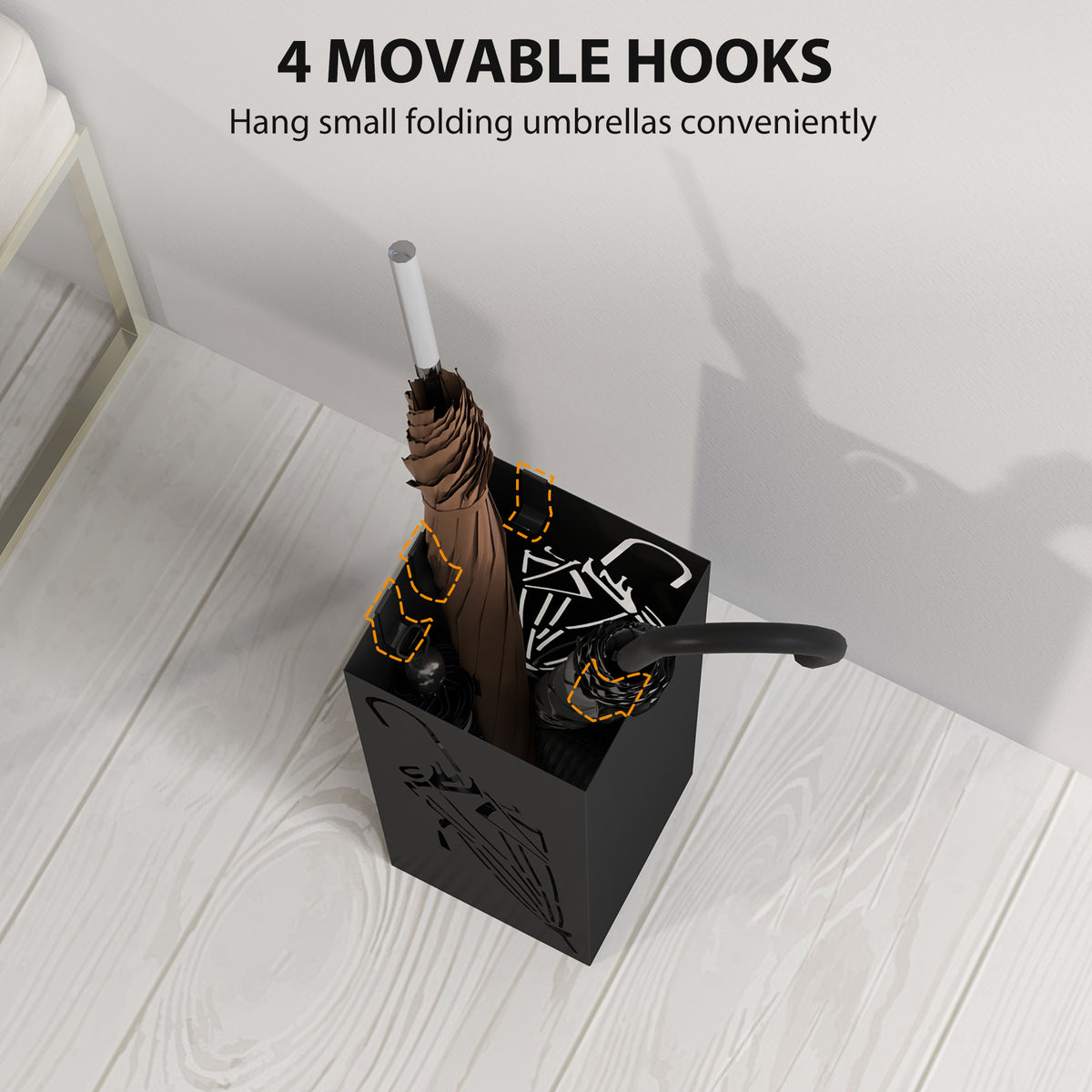 HOMCOM Square Umbrella Stand with Hooks & Removable Water Tray – Hallway Storage, Black