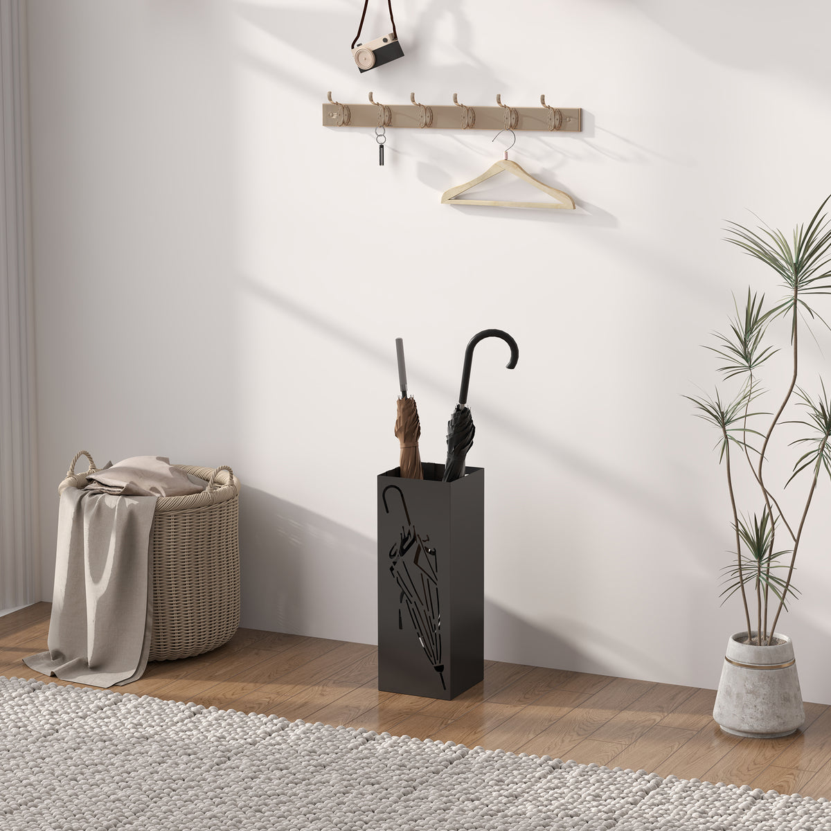 HOMCOM Square Umbrella Stand with Hooks & Removable Water Tray – Hallway Storage, Black