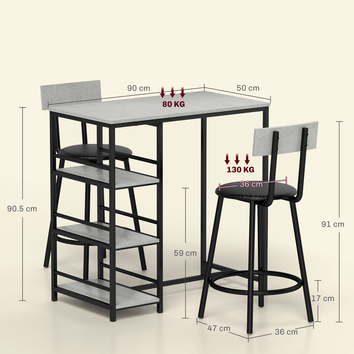 HOMCOM 3 Piece Space-Saving Dining Table and Chairs Set with Padded Seats – Compact Dining for Two, Light Grey