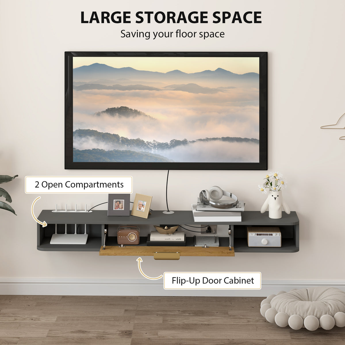 HOMCOM 140cm Floating TV Unit with Flip-Up Cabinet and Open Shelves – Wall-Mounted Media Console, Grey