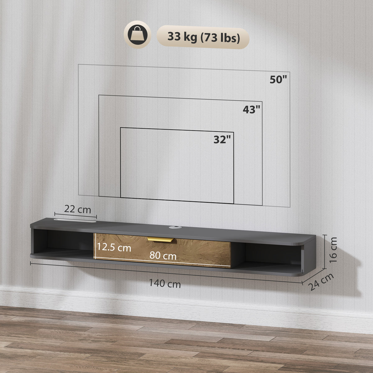 HOMCOM 140cm Floating TV Unit with Flip-Up Cabinet and Open Shelves – Wall-Mounted Media Console, Grey