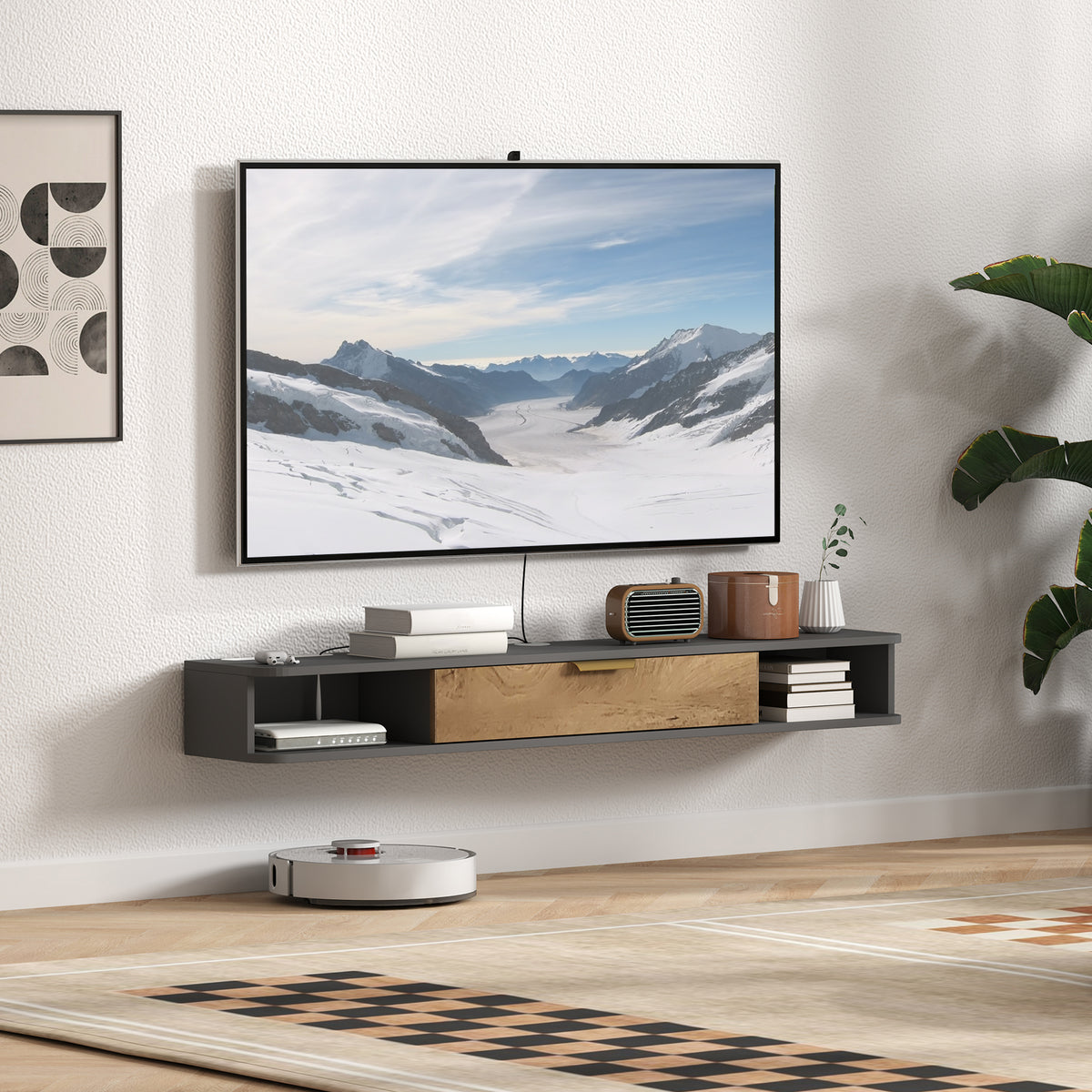 HOMCOM 140cm Floating TV Unit with Flip-Up Cabinet and Open Shelves – Wall-Mounted Media Console, Grey
