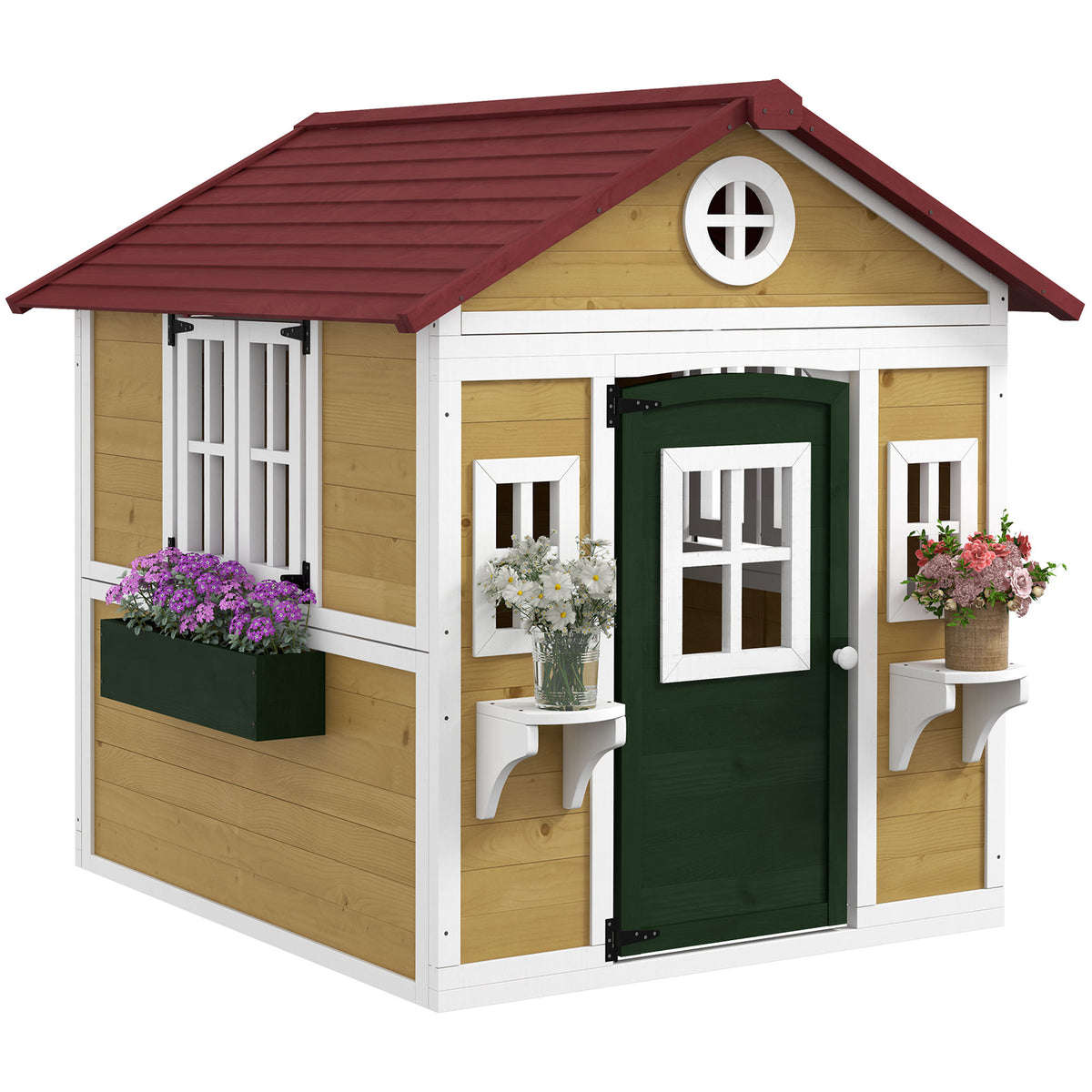 Outsunny Wooden Playhouse with Doors & Plant Pots for Kids – Fir Wood Garden Playhouse, Beige