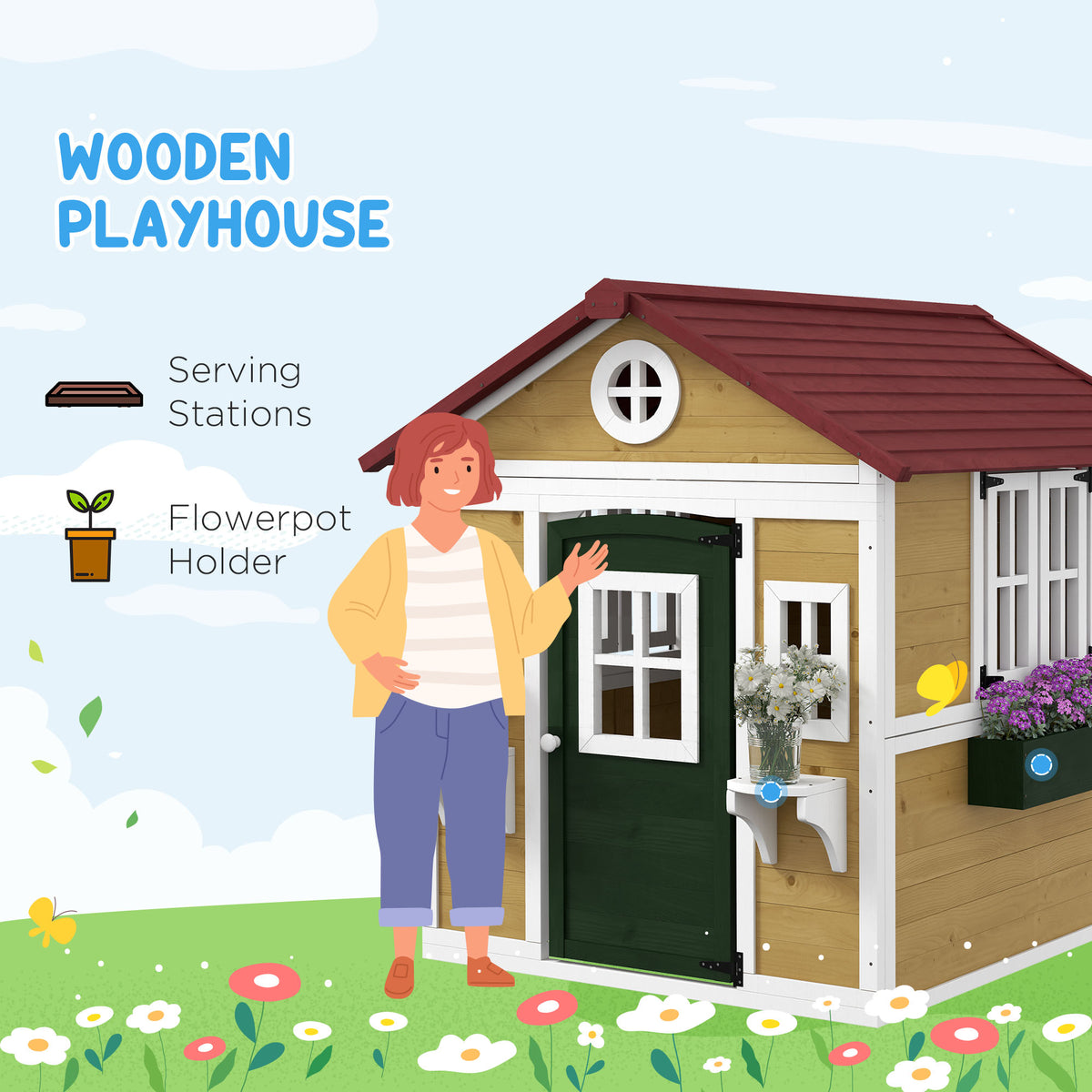 Outsunny Wooden Playhouse with Doors & Plant Pots for Kids – Fir Wood Garden Playhouse, Beige