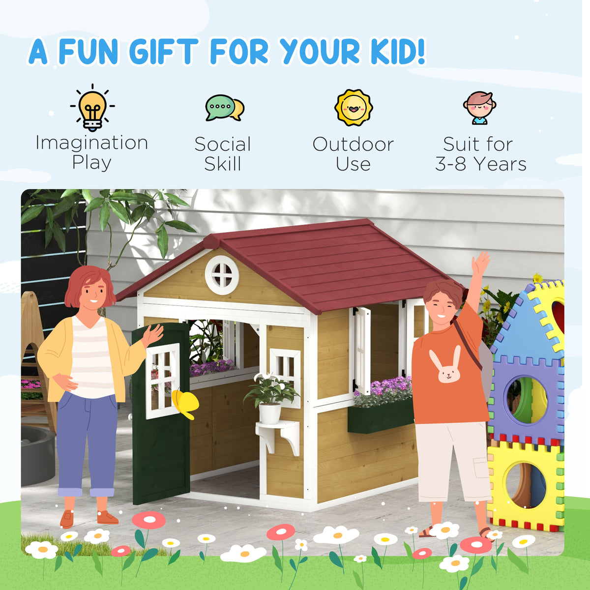 Outsunny Wooden Playhouse with Doors & Plant Pots for Kids – Fir Wood Garden Playhouse, Beige