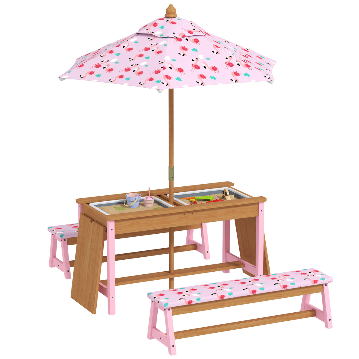 AIYAPLAY Kids Picnic Table and Bench Set with Foldable Umbrella & Storage Boxes – Wooden Garden Furniture, Pink