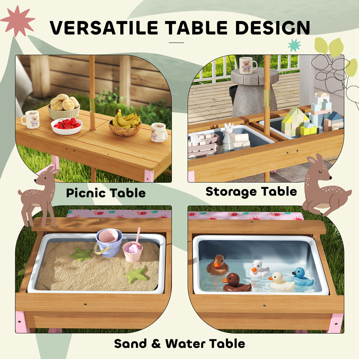 AIYAPLAY Kids Picnic Table and Bench Set with Foldable Umbrella & Storage Boxes – Wooden Garden Furniture, Pink