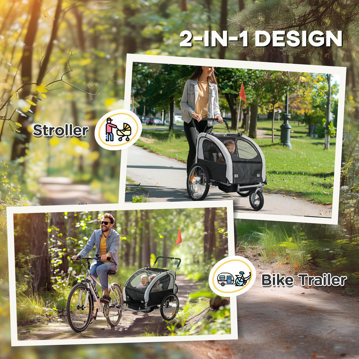 HOMCOM 2 Seat Bike Trailer with 5 Point Harness, Steel Frame & Canopy – Foldable Child Trailer, Black