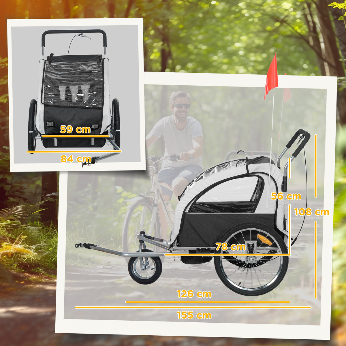 HOMCOM 2 Seat Bike Trailer with 5 Point Harness, Steel Frame & Canopy – Foldable Child Trailer, Black