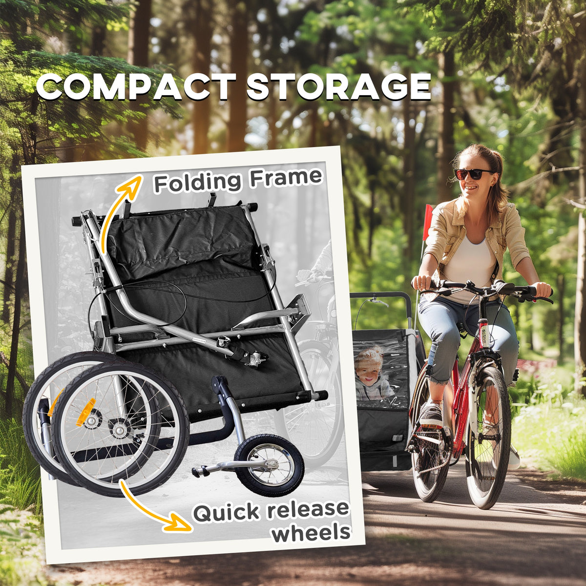 HOMCOM 2 Seat Bike Trailer with 5 Point Harness, Steel Frame & Canopy – Foldable Child Trailer, Black