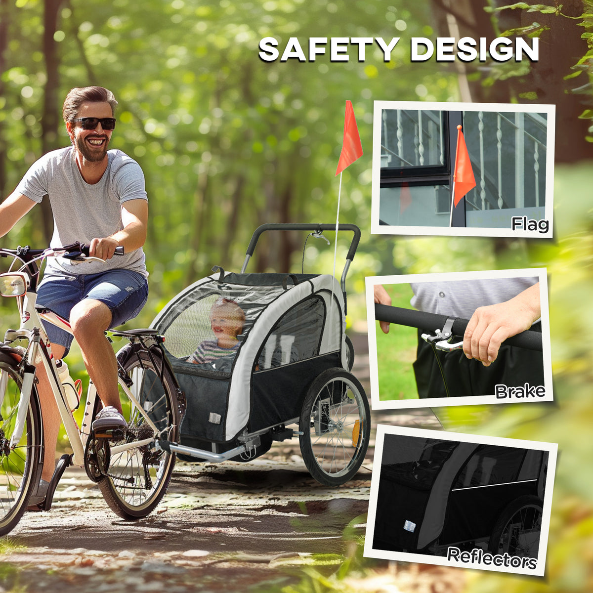 HOMCOM 2 Seat Bike Trailer with 5 Point Harness, Steel Frame & Canopy – Foldable Child Trailer, Black