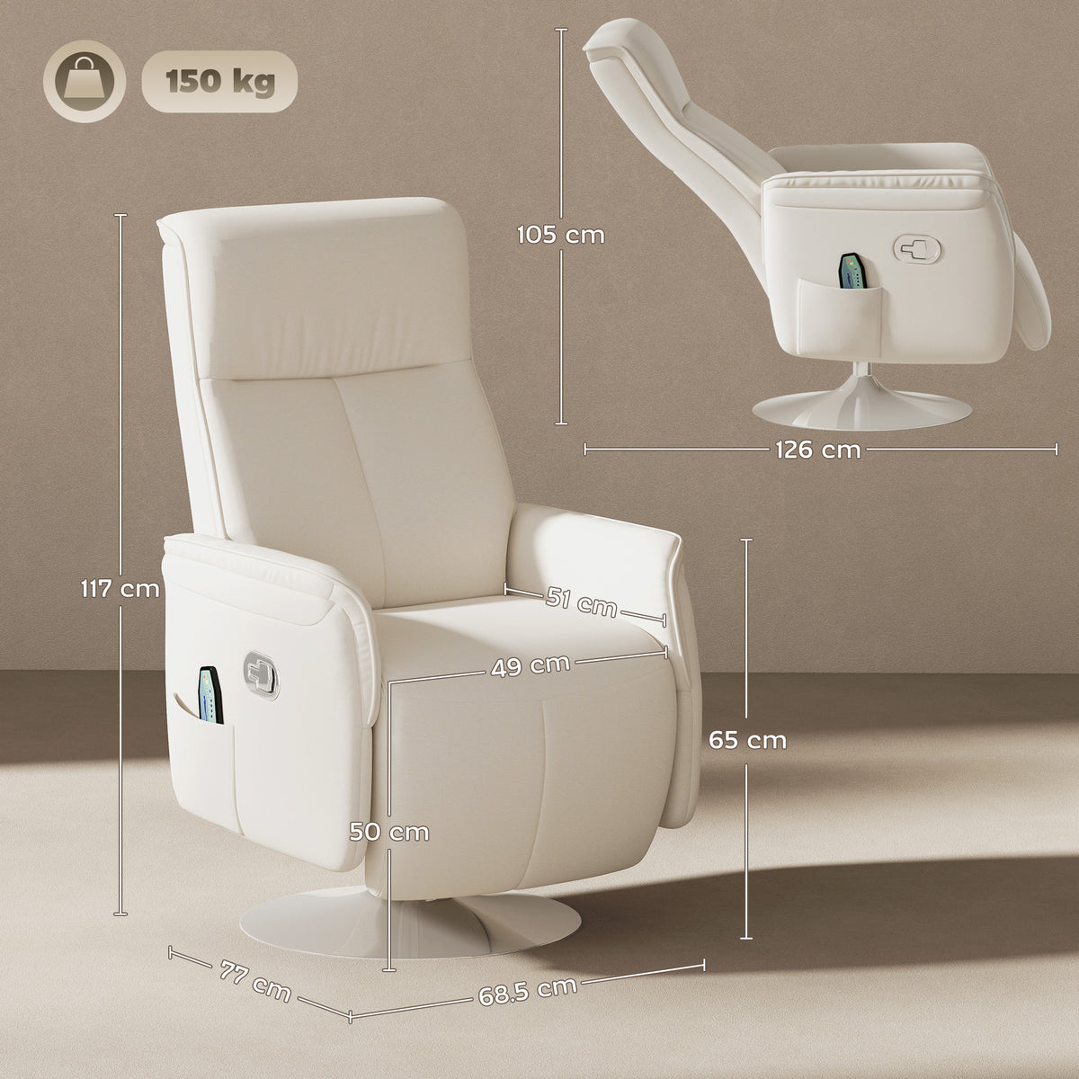 HOMCOM Massage Reclining Chair with 10 Massage Points & Pulse, Press and Wave Modes – Cream White