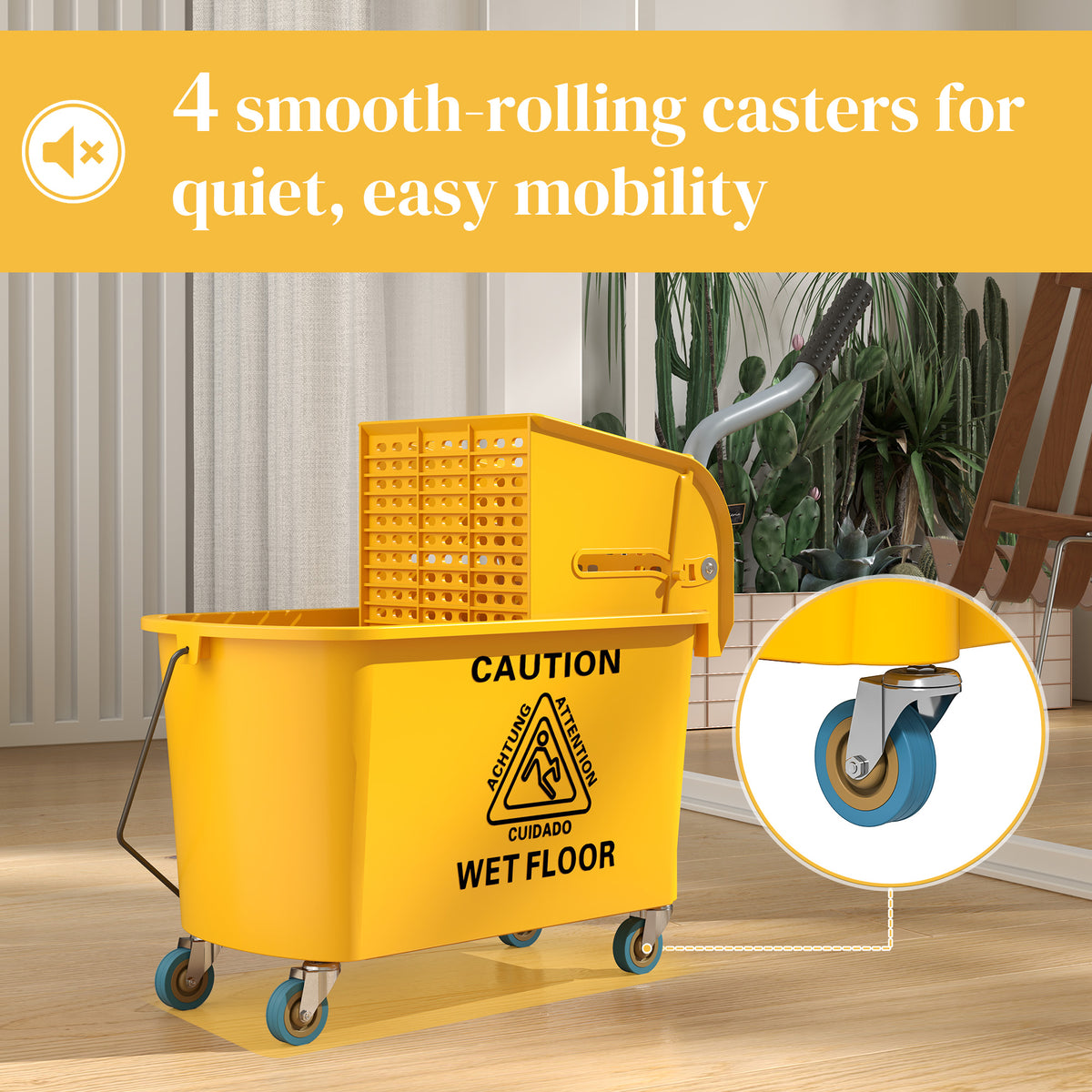 HOMCOM 20L Mop Bucket with Side Press Wringer and Removable Water Separation Panel on 4 Wheels, Yellow