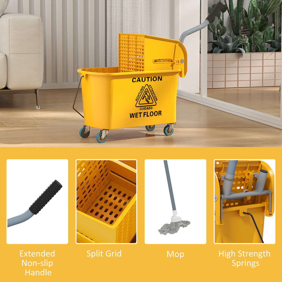 HOMCOM 20L Mop Bucket with Side Press Wringer and Removable Water Separation Panel on 4 Wheels, Yellow