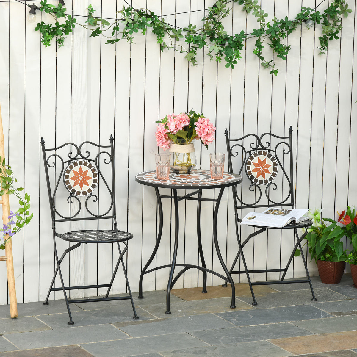 Outsunny 3-Piece Bistro Set with Mosaic Round Table & 2 Foldable Chairs – Patio & Balcony Furniture
