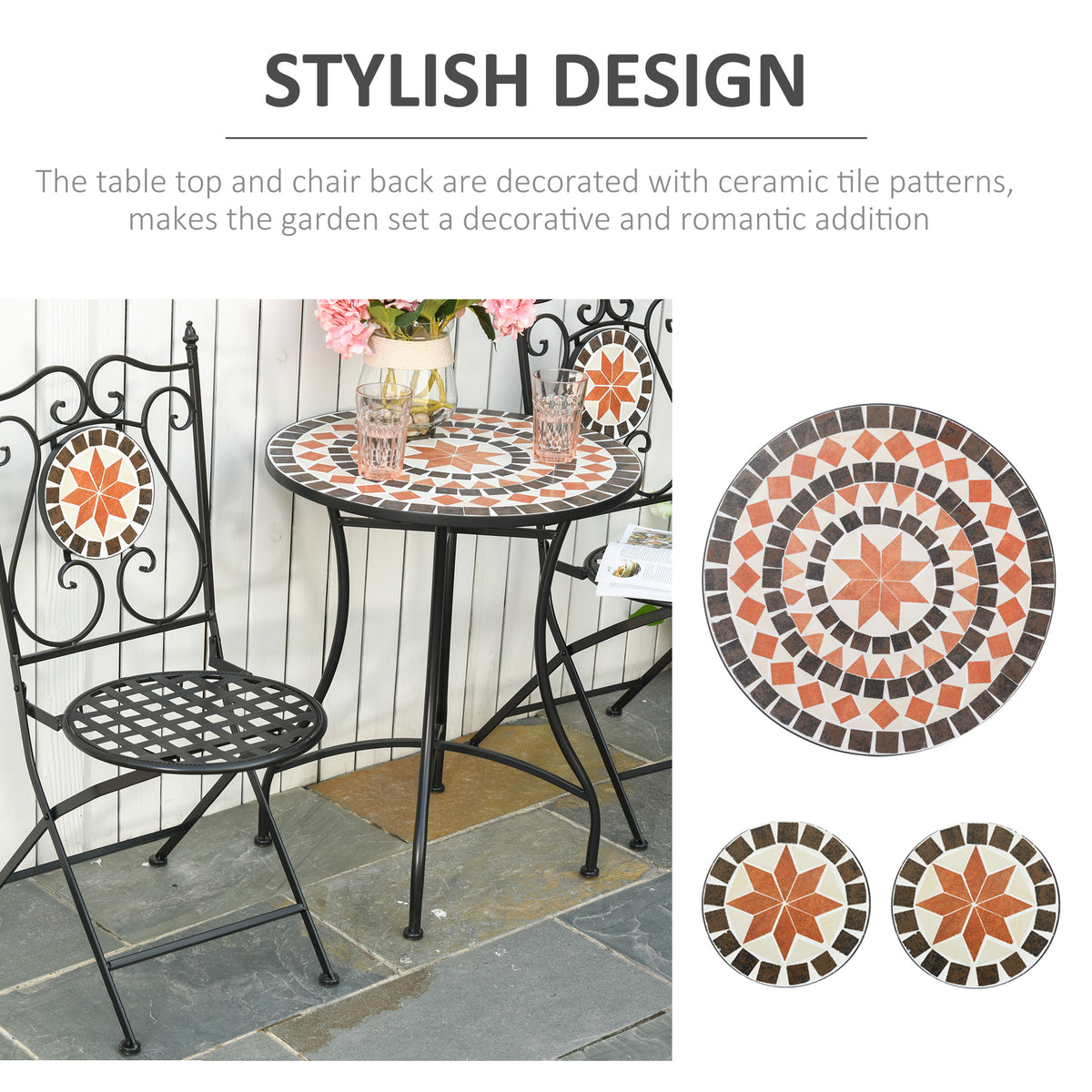 Outsunny 3-Piece Bistro Set with Mosaic Round Table & 2 Foldable Chairs – Patio & Balcony Furniture