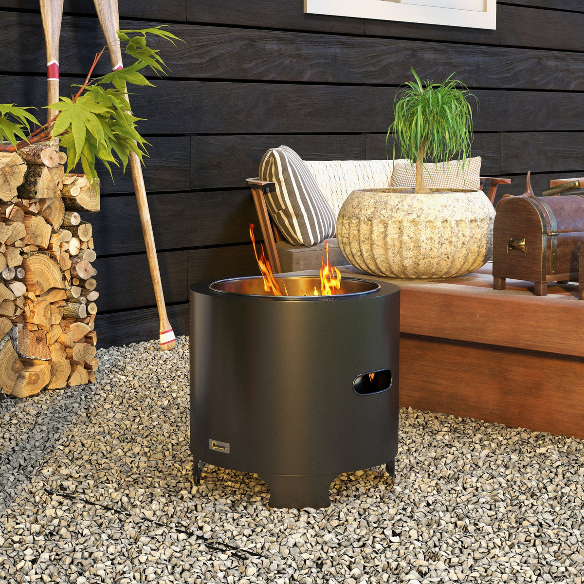 Outsunny Outdoor Fire Pit with Secondary Combustion System and Poker – Smokeless Garden Fire Bowl, Black