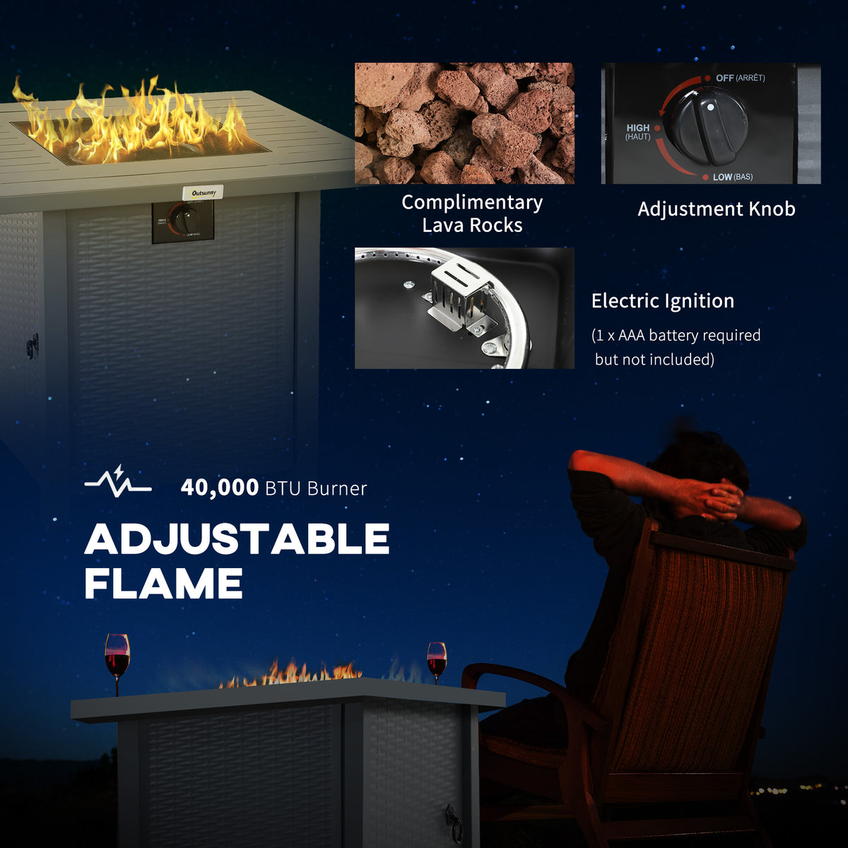 Outsunny 40,000 BTU Propane Gas Fire Pit Table with Glass Door, Lid & Rain Cover – Rattan-Effect Heater, Grey