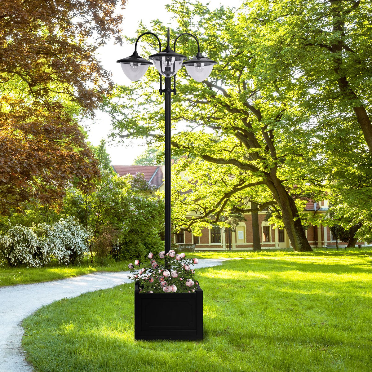 Outsunny 3-Head Solar Lamp Post with Planter Base – Black