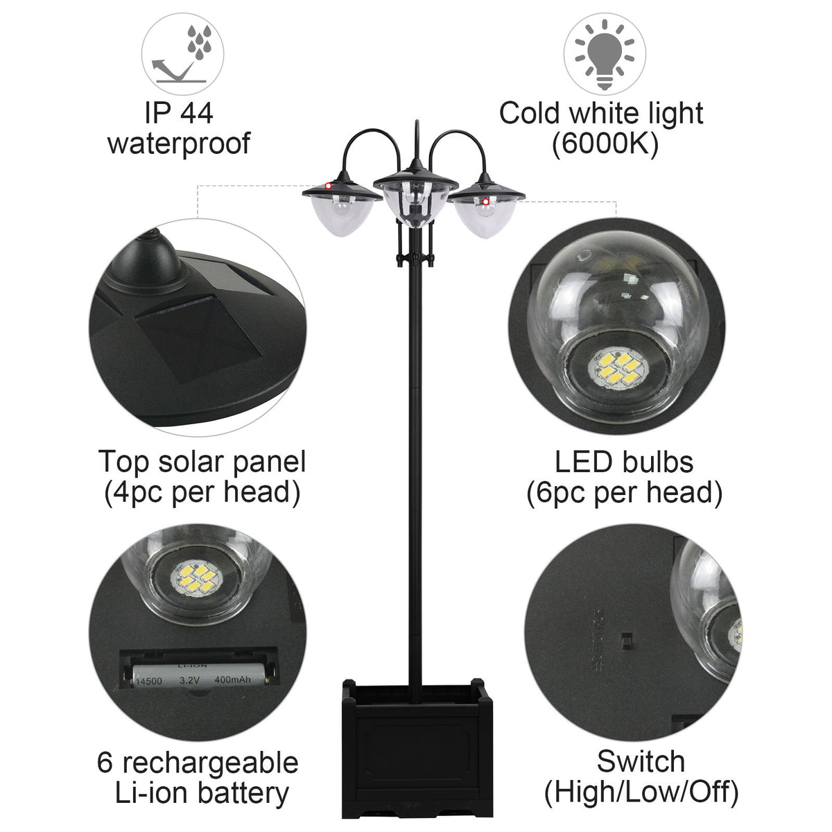 Outsunny 3-Head Solar Lamp Post with Planter Base – Black