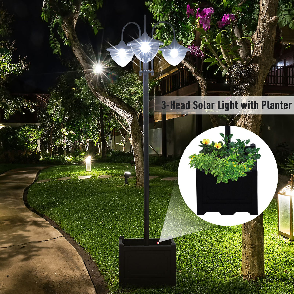 Outsunny 3-Head Solar Lamp Post with Planter Base – Black