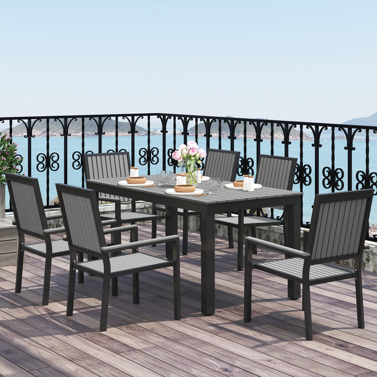 Outsunny 6-Seater Aluminium Garden Dining Set with Stackable Chairs & Wood-Grain Slatted Table – Grey