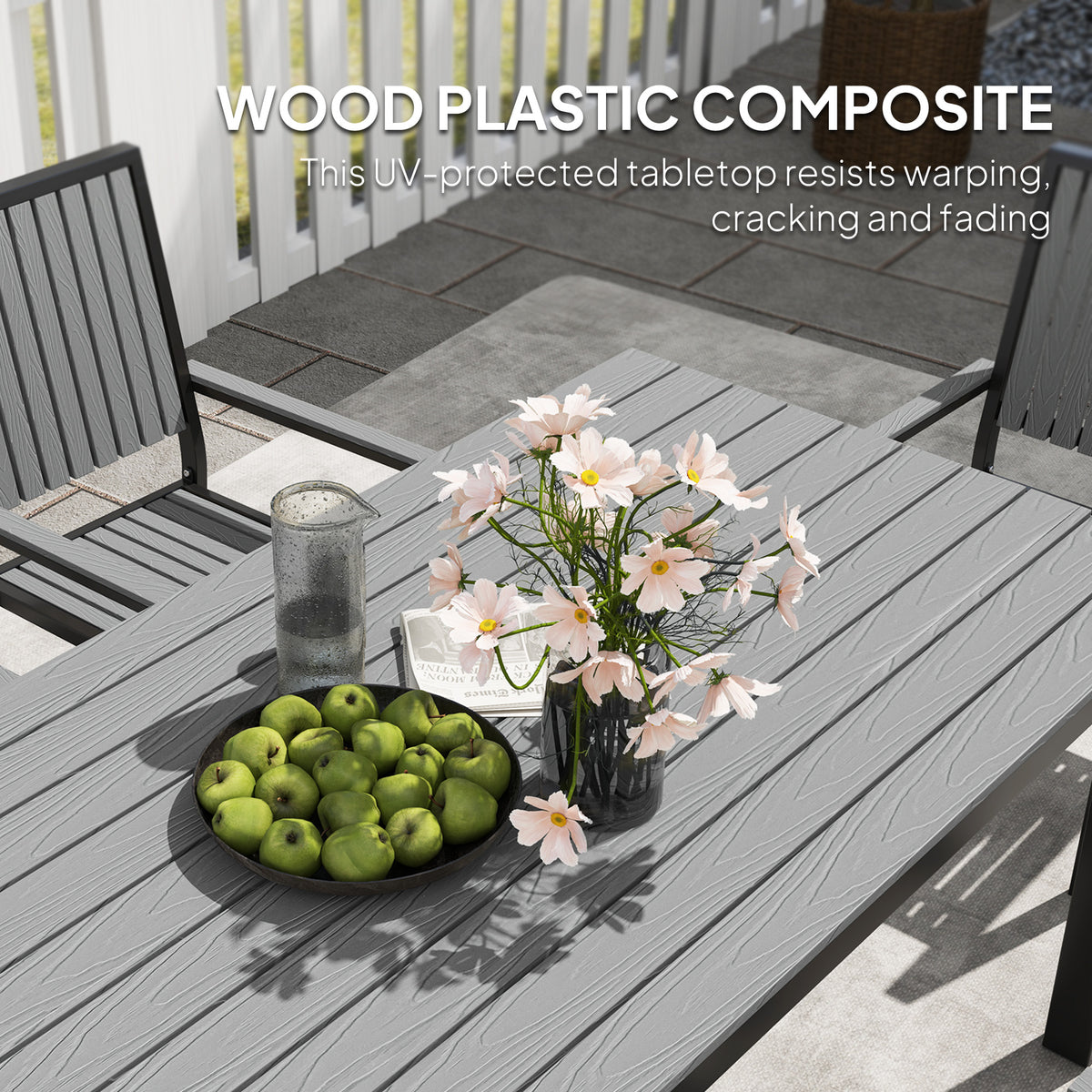 Outsunny 6-Seater Aluminium Garden Dining Set with Stackable Chairs & Wood-Grain Slatted Table – Grey